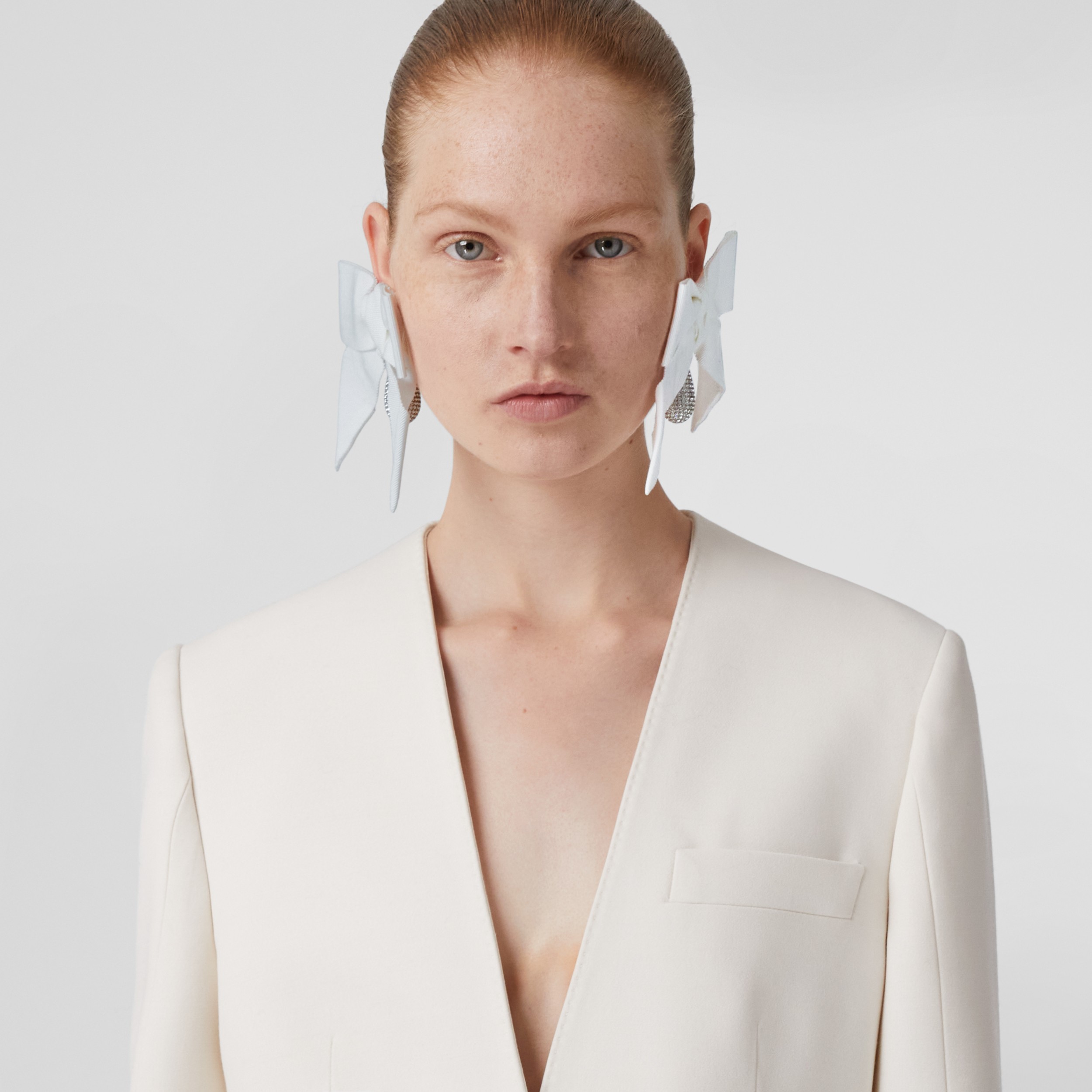 Wool Silk Tailored Collarless Jacket in Natural White Women