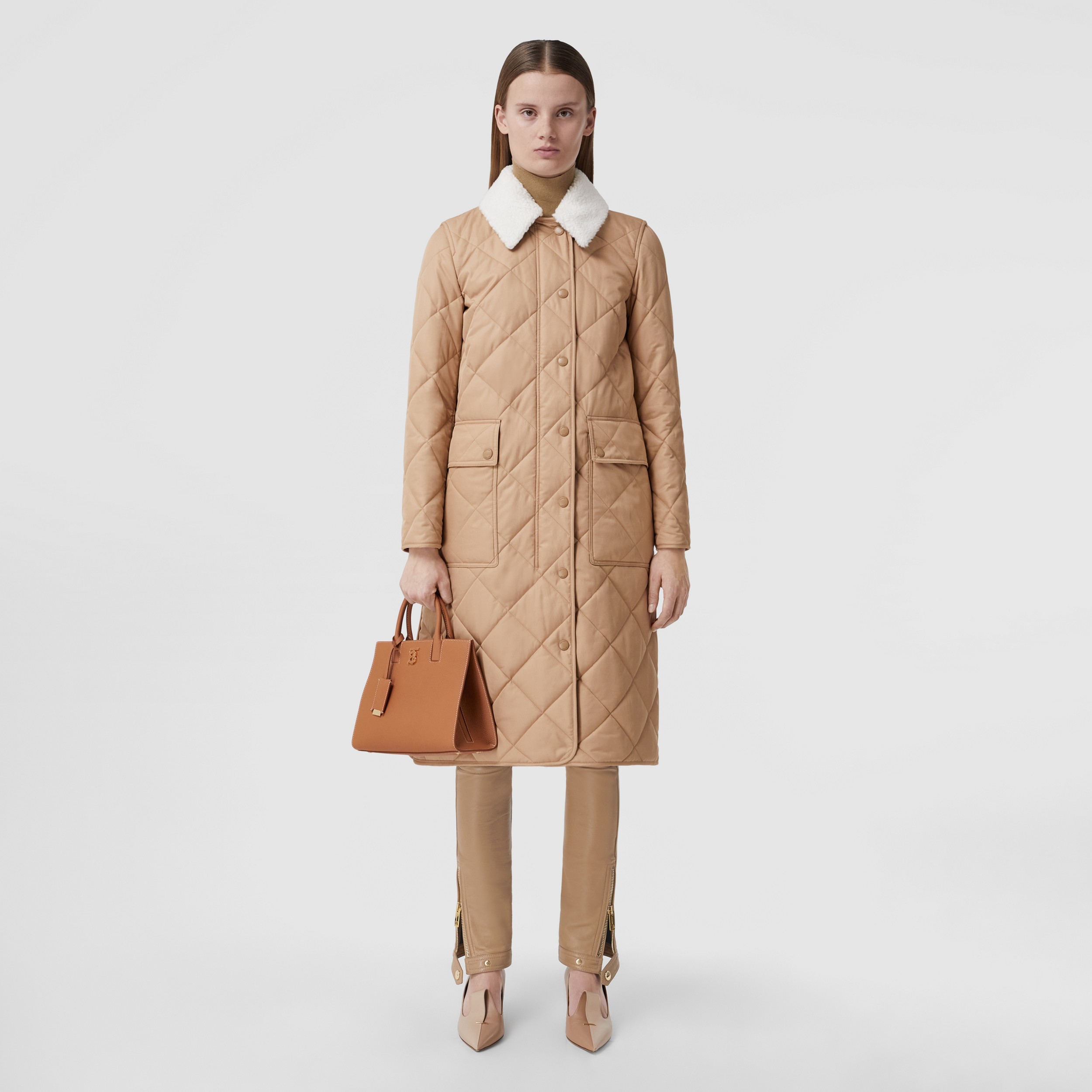 Detachable Collar Quilted Cotton Gabardine Coat in Camel - Women | Burberry® Official - 1