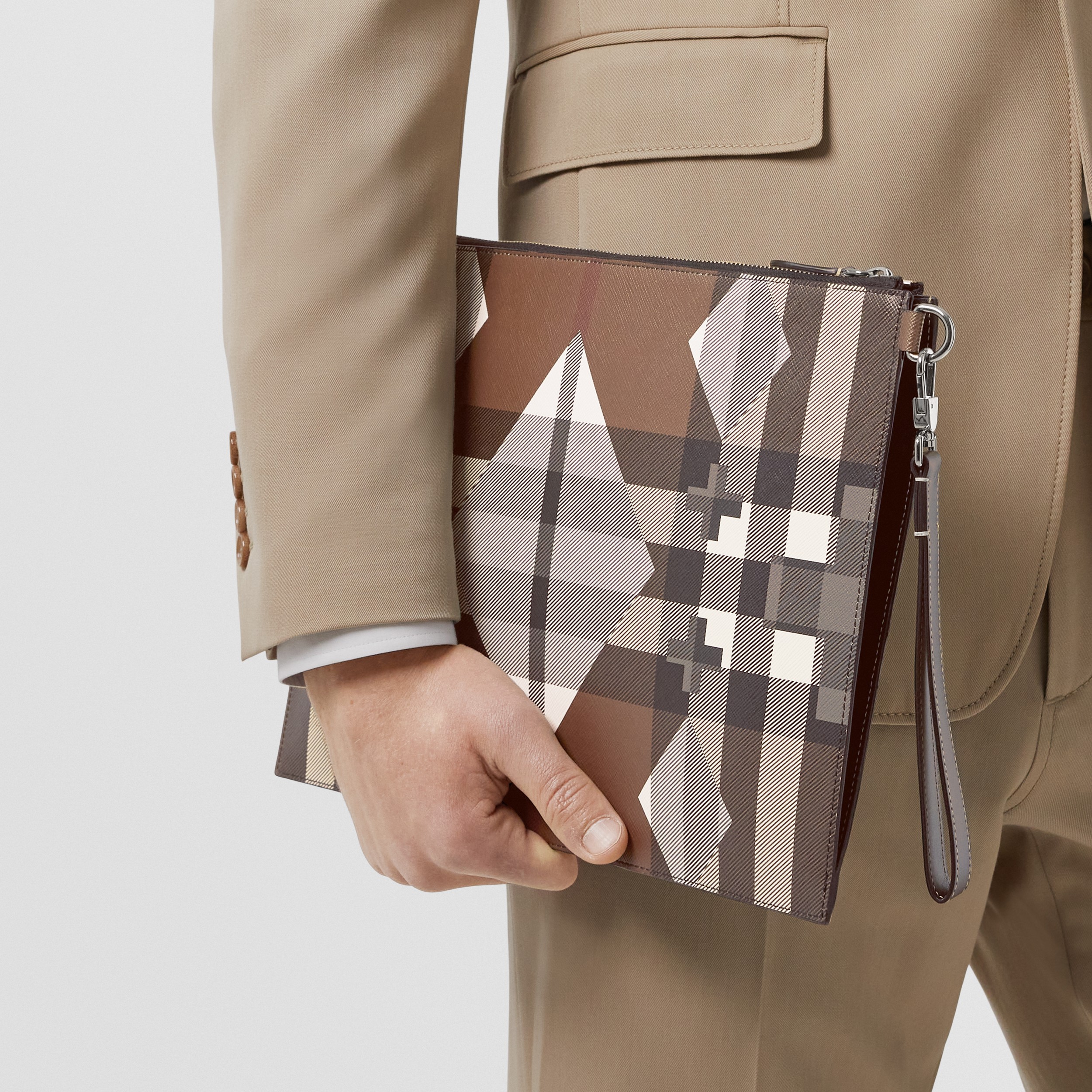 Geometric Check and Leather Large Zip Pouch in Dark Birch Brown | Burberry® Official - 3