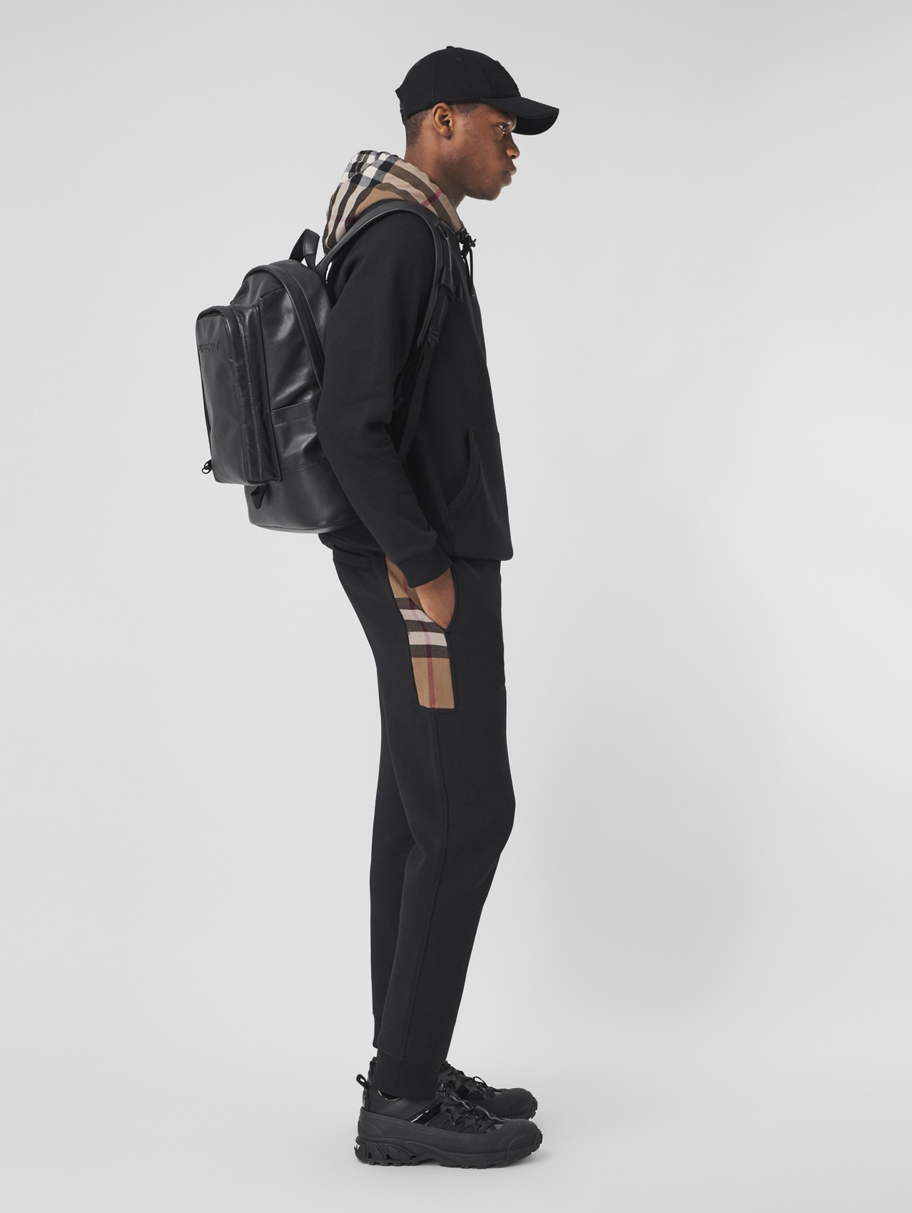 Pantalones de jogging en mezcla de algodón con paneles a cuadros (Negro)