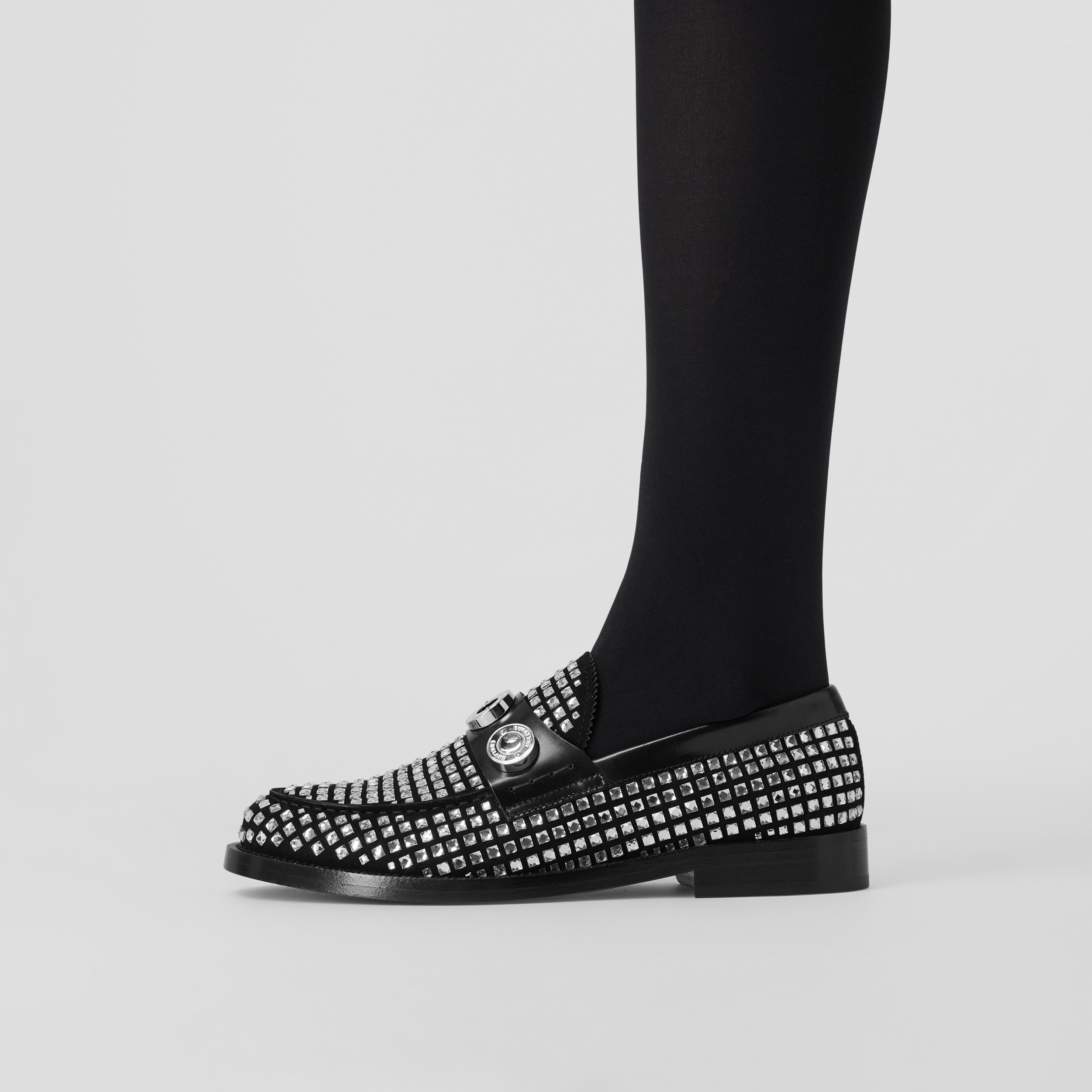 Logo Graphic Crystal Detail Suede Loafers in Black - Women | Burberry® Official - 3
