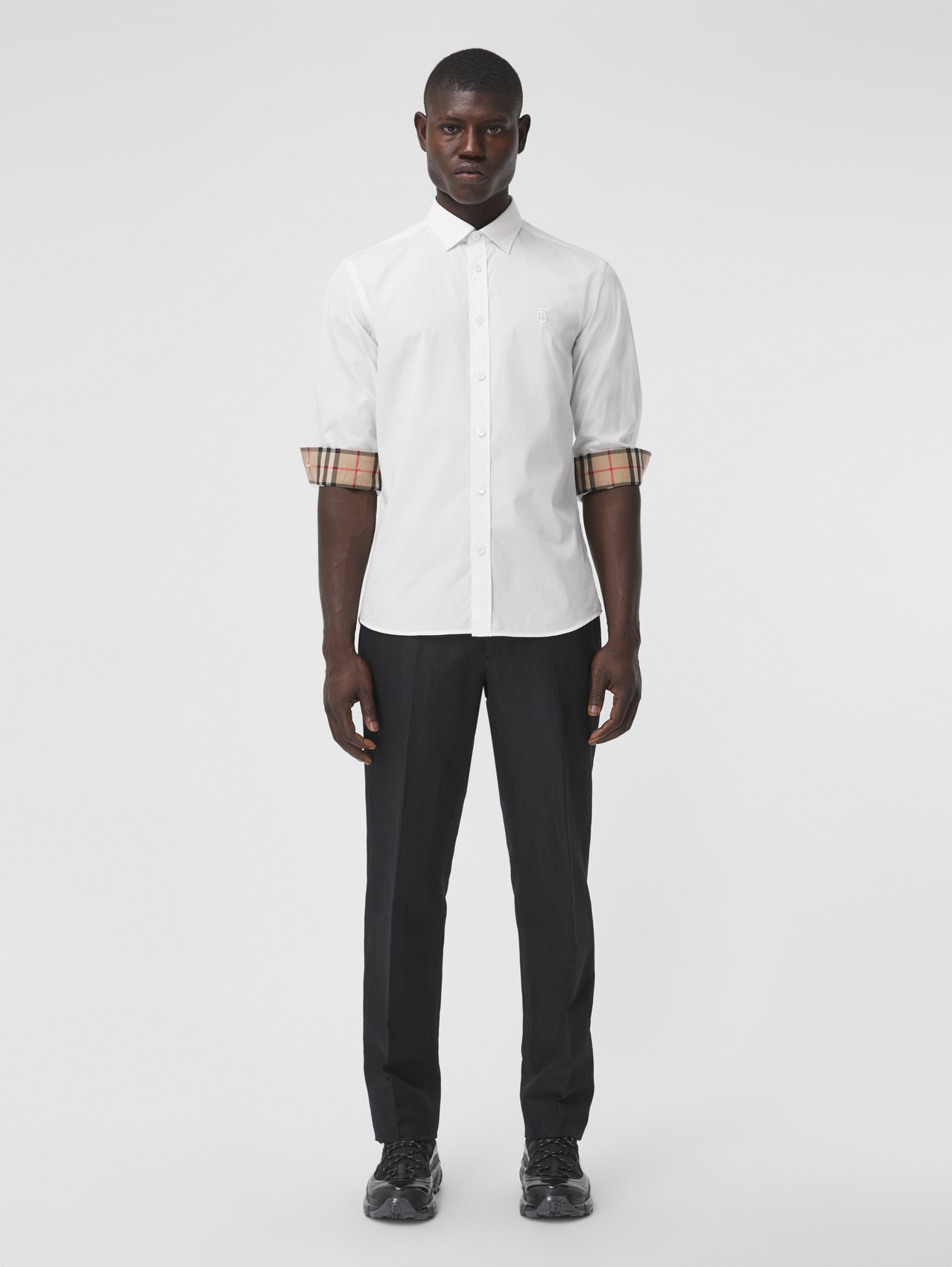 Slim Fit Monogram Motif Stretch Cotton Poplin Shirt in White