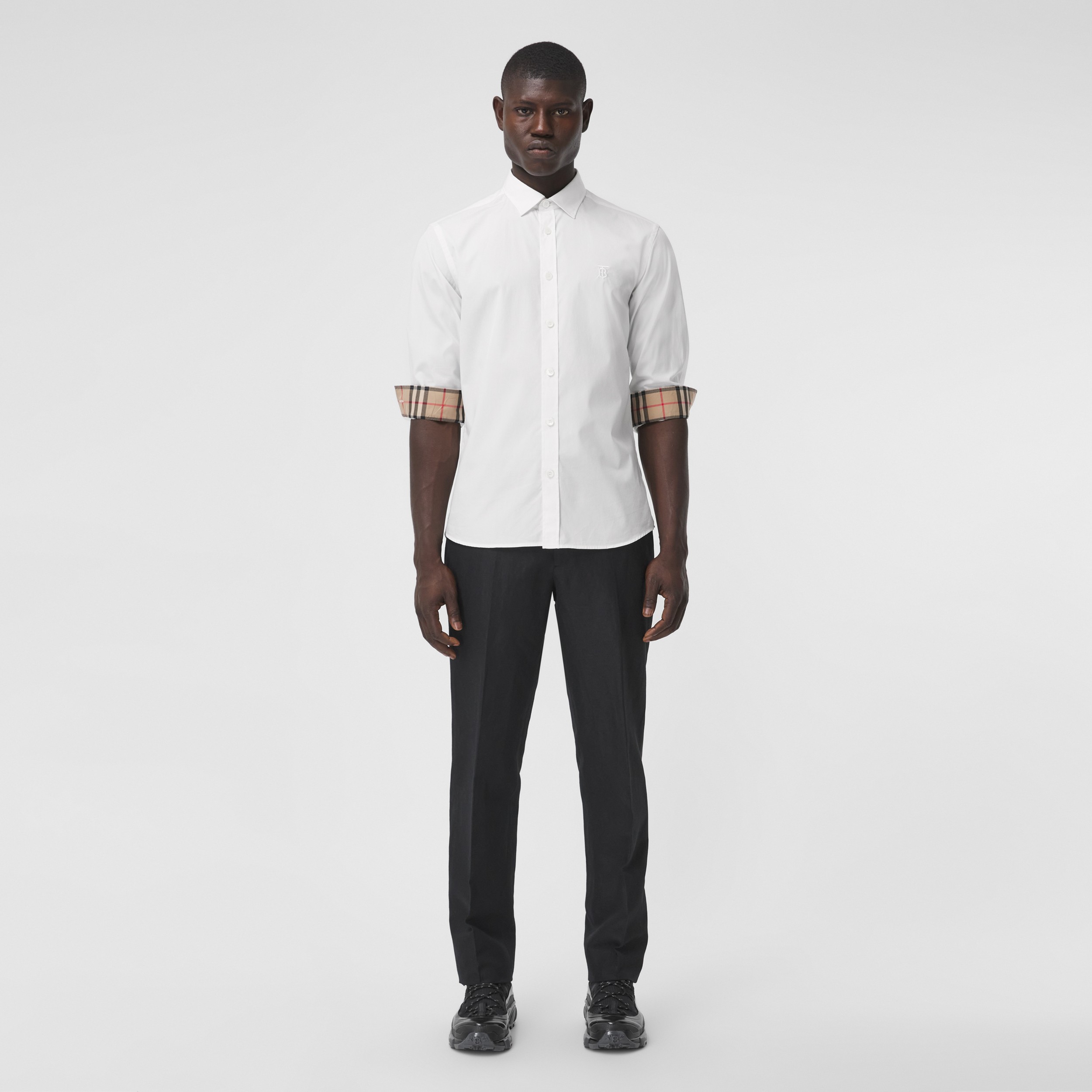 Slim Fit Monogram Motif Stretch Cotton Poplin Shirt in White - Men | Burberry® Official - 4