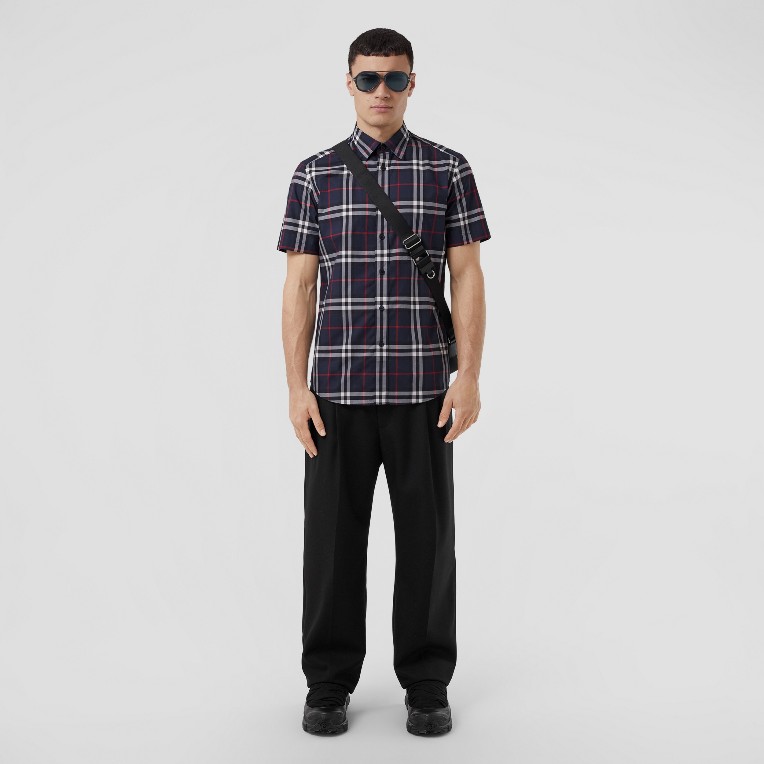 쇼트 슬리브 체크 코튼 포플린 셔츠 (네이비) - 남성 | Burberry® - 4