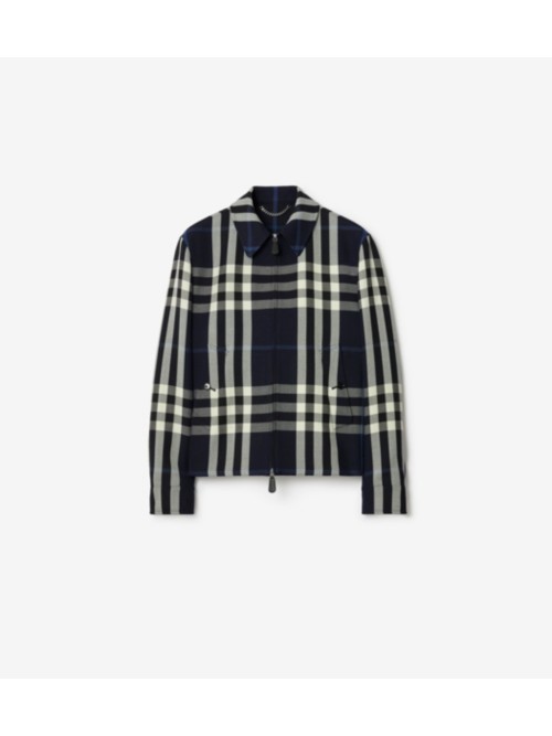 Shop Burberry Check Wool Cotton Jacket In White/dark Charcoal Blue