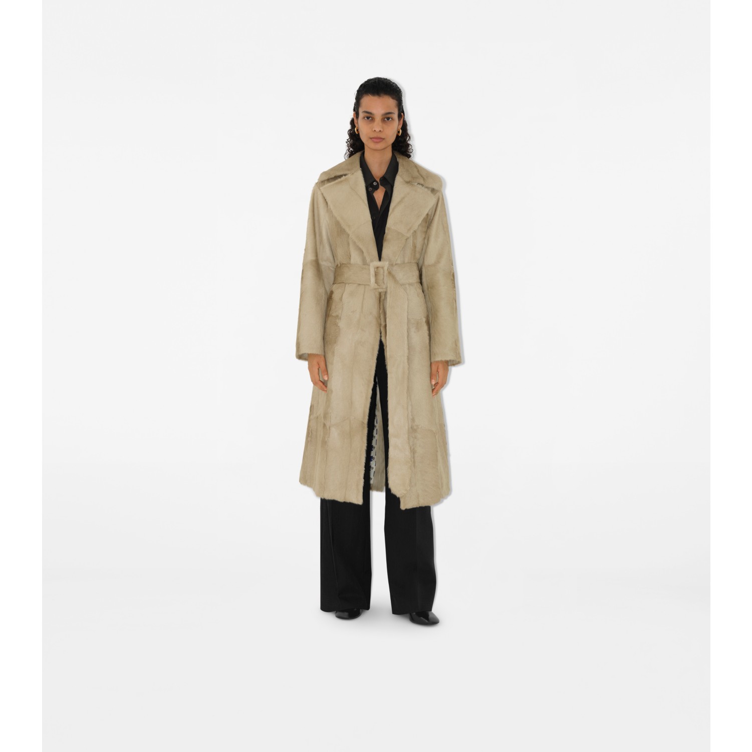 Trench coat longo de pelo de cabra