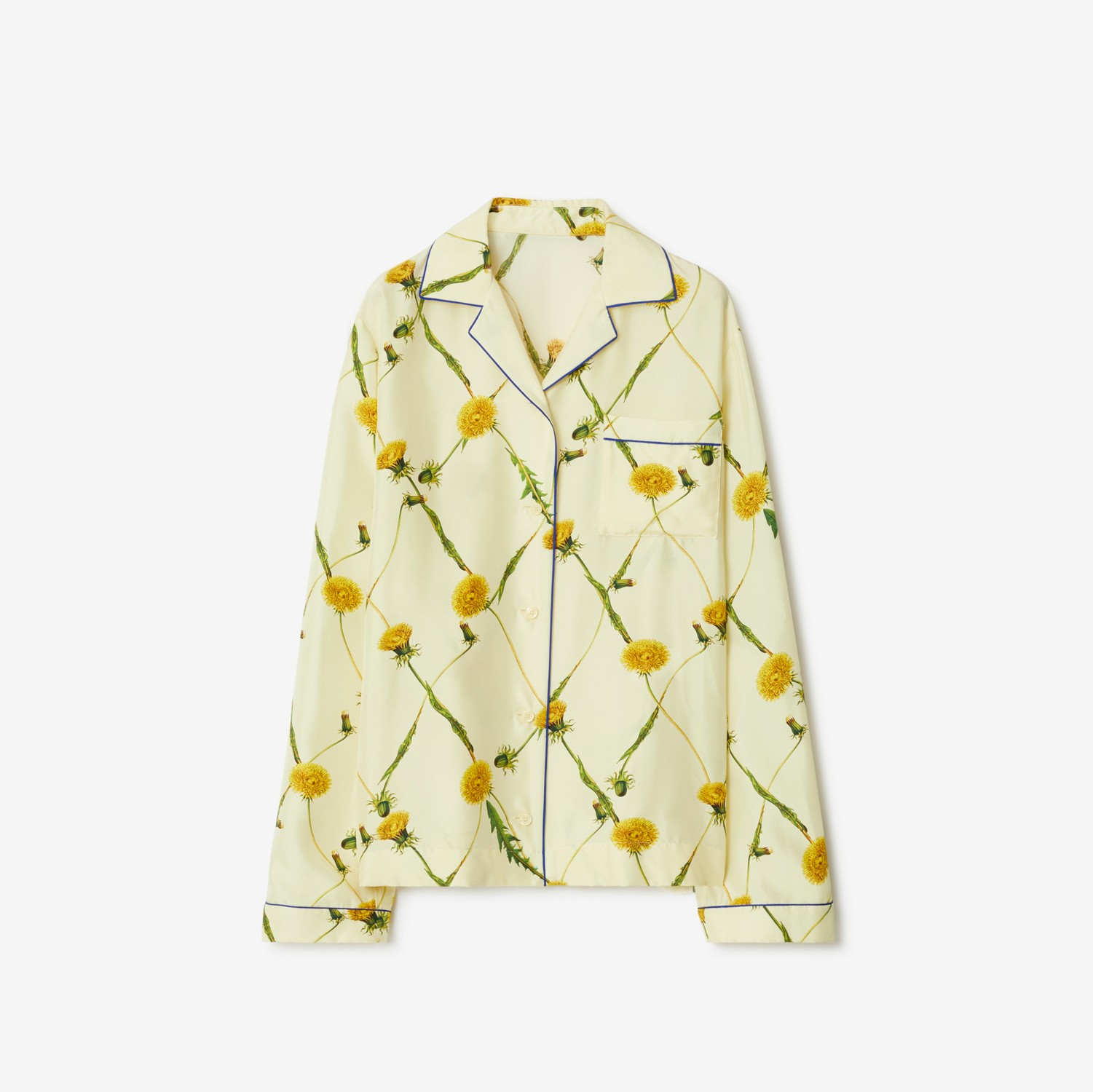 Camisa estilo pijama de seda com estampa de dentes-de-leão