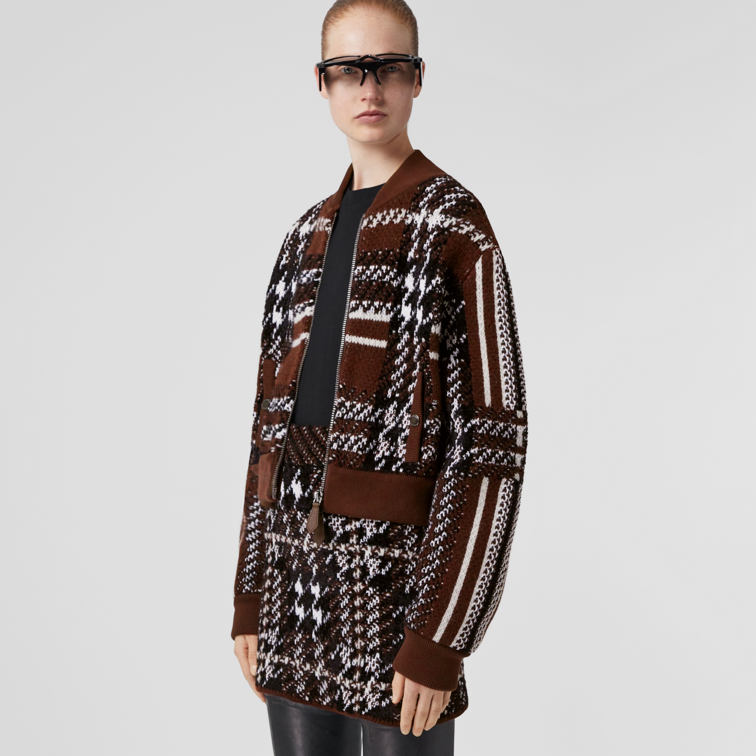 Houndstooth Wool Blend Jacquard Bomber Jacket in Dark Truffle Brown - Women | Burberry® Official - 1