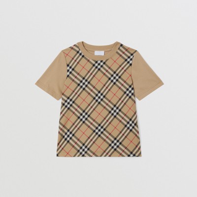 버버리 걸즈 Burberry Vintage Check Panel Cotton T-shirt,Archive Beige