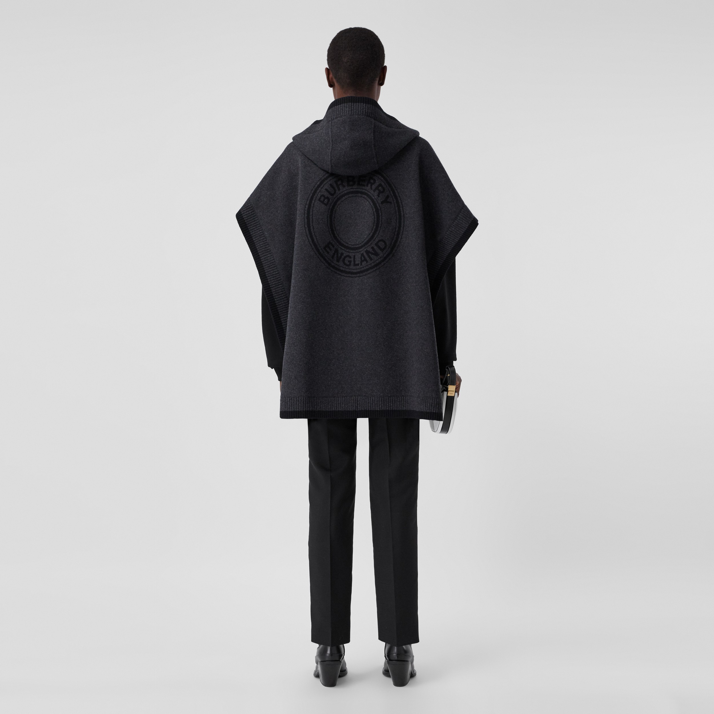Logo Graphic Wool Cashmere Jacquard Hooded Cape in Charcoal - Women | Burberry® Official - 1