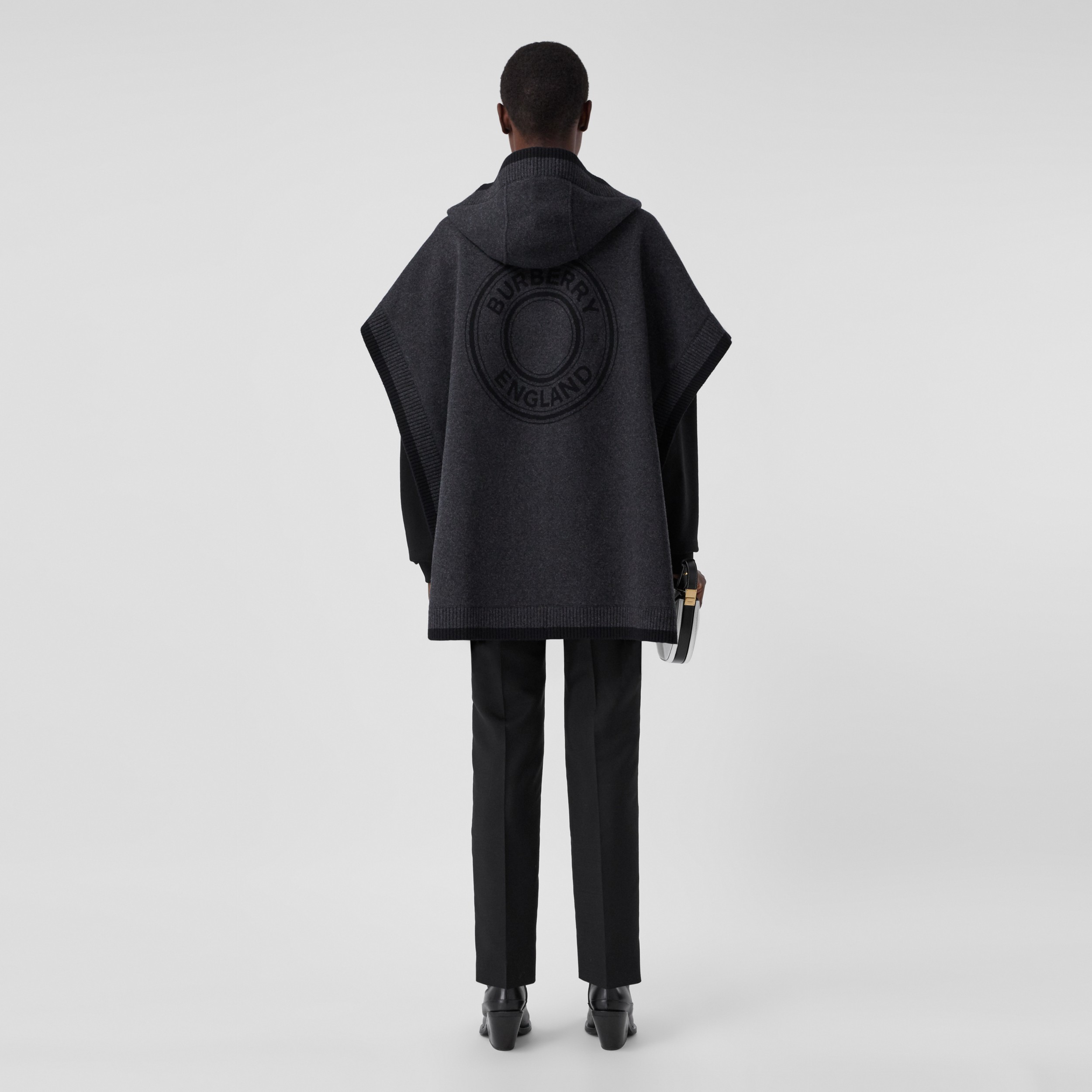 Logo Graphic Wool Cashmere Jacquard Hooded Cape in Charcoal Burberry