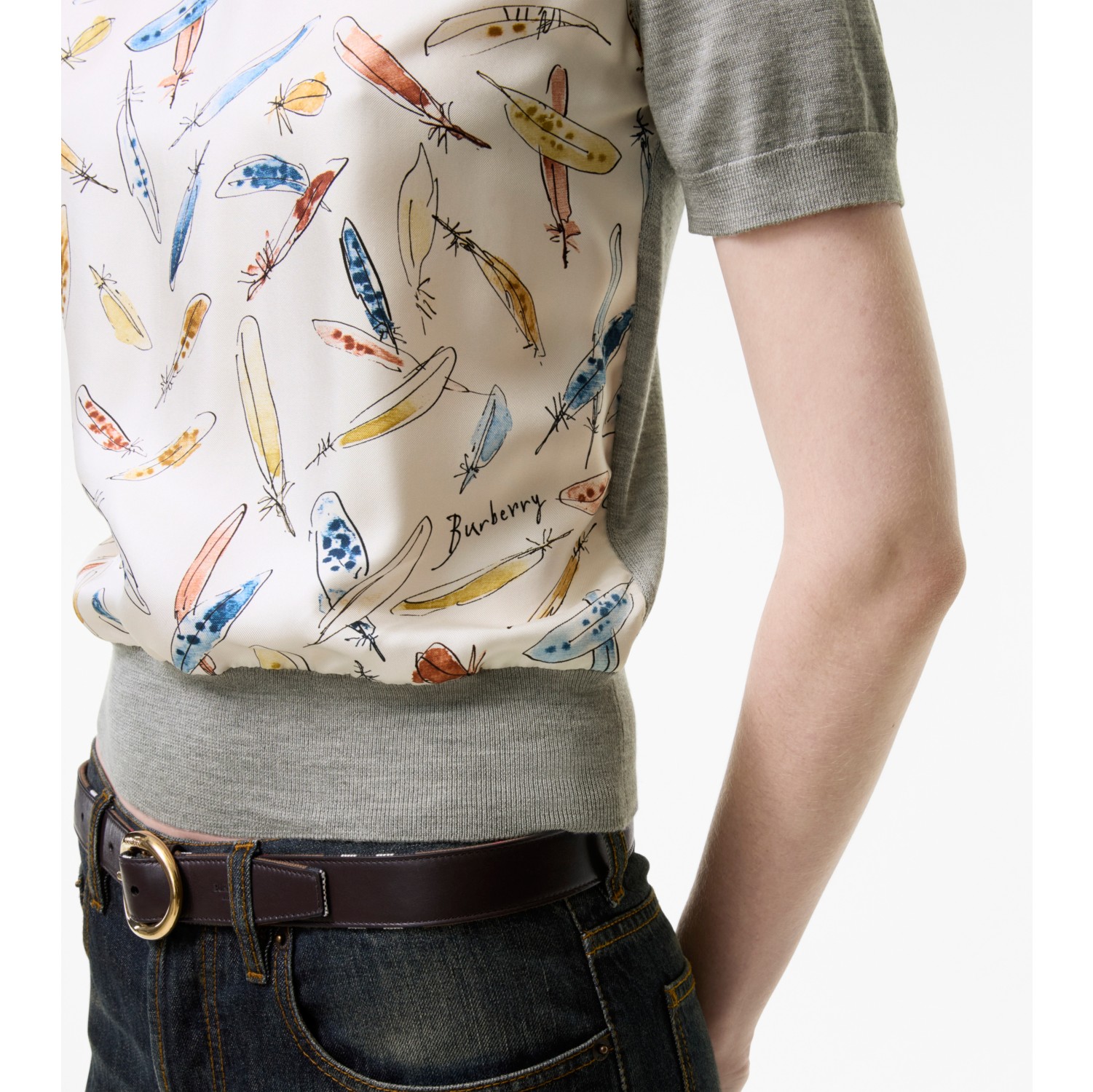 Feather Print Panel Wool Silk T-shirt in Pale grey - Women | Burberry® Official