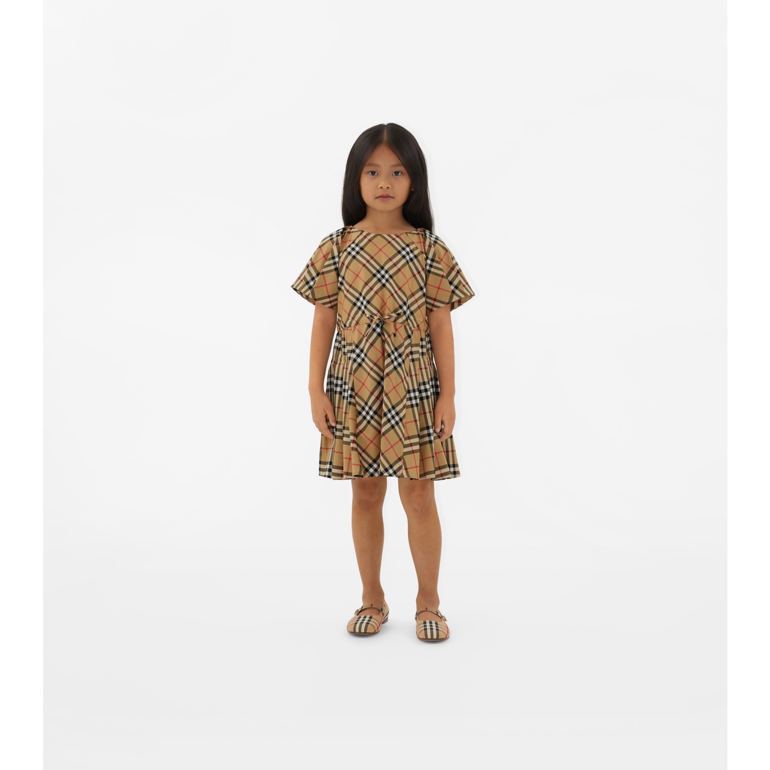 Pleated Check Stretch Cotton Dress in Archive beige Burberry Official