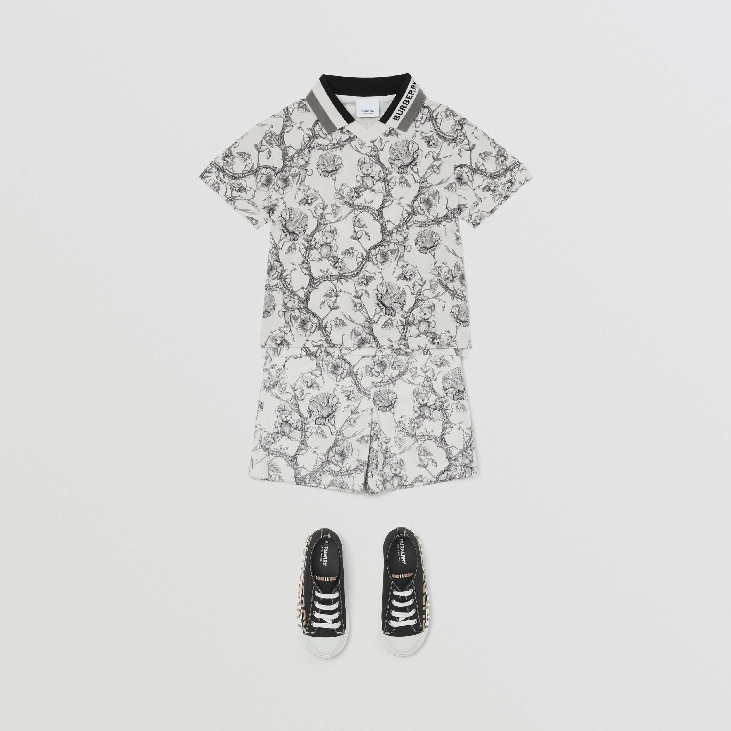Floral Sketch Print Cotton Piqué Polo Shirt in Black/white - Boy | Burberry® Official - 3