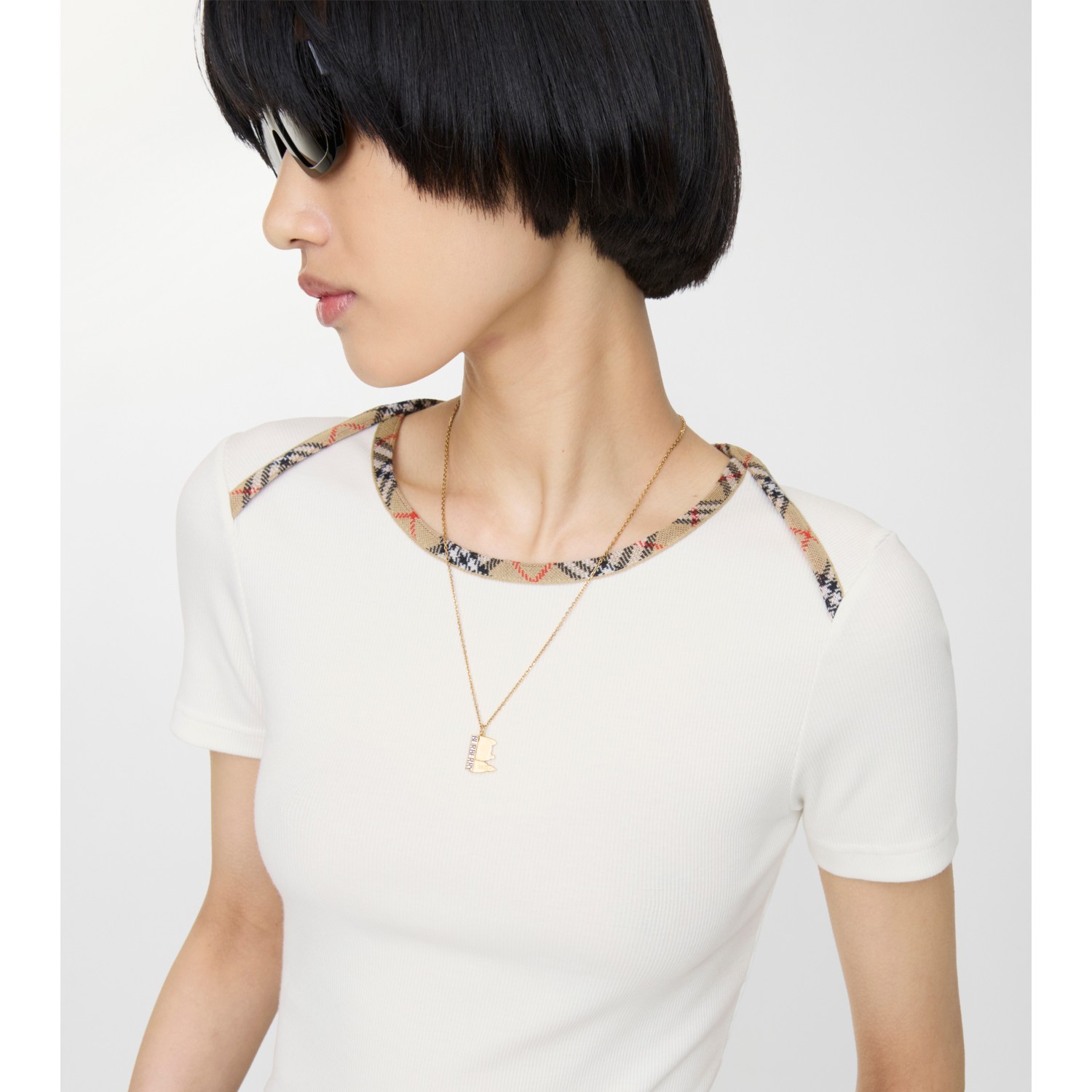 Check Trim Stretch Cotton T-shirt - thumbnail 7