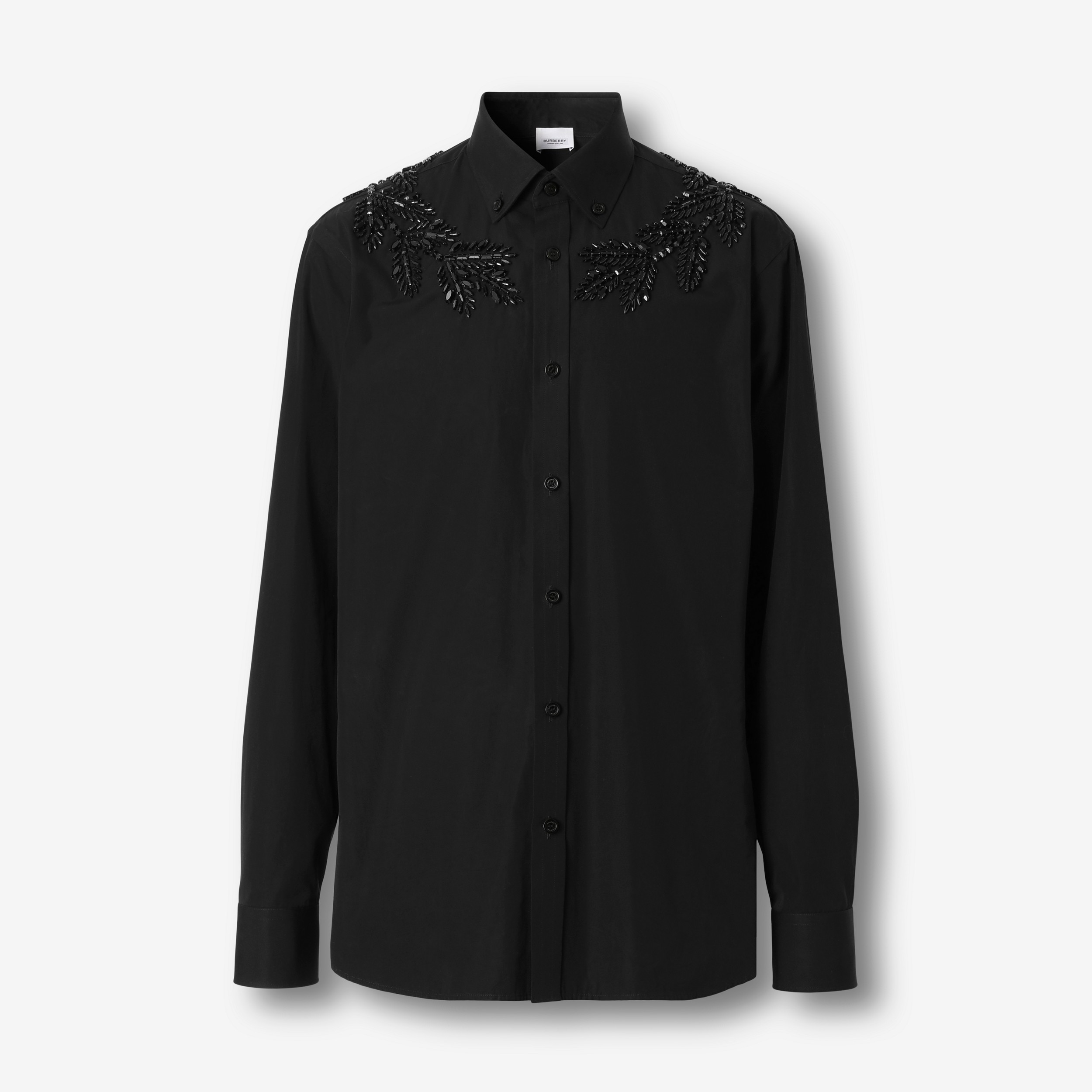 Camisa em algodão com estampa de folha de carvalho com cristais em corte slim (Preto) - Homens | Burberry® oficial - 1