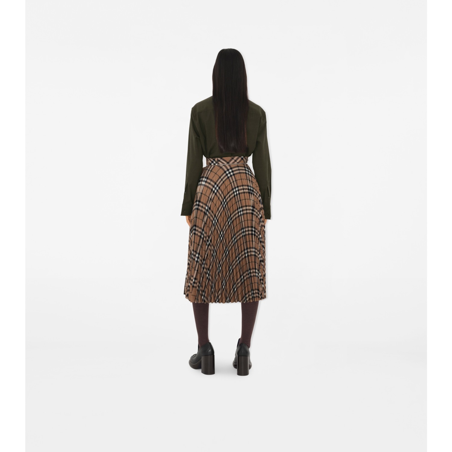 Pleated Check Wool Blend Midi Skirt