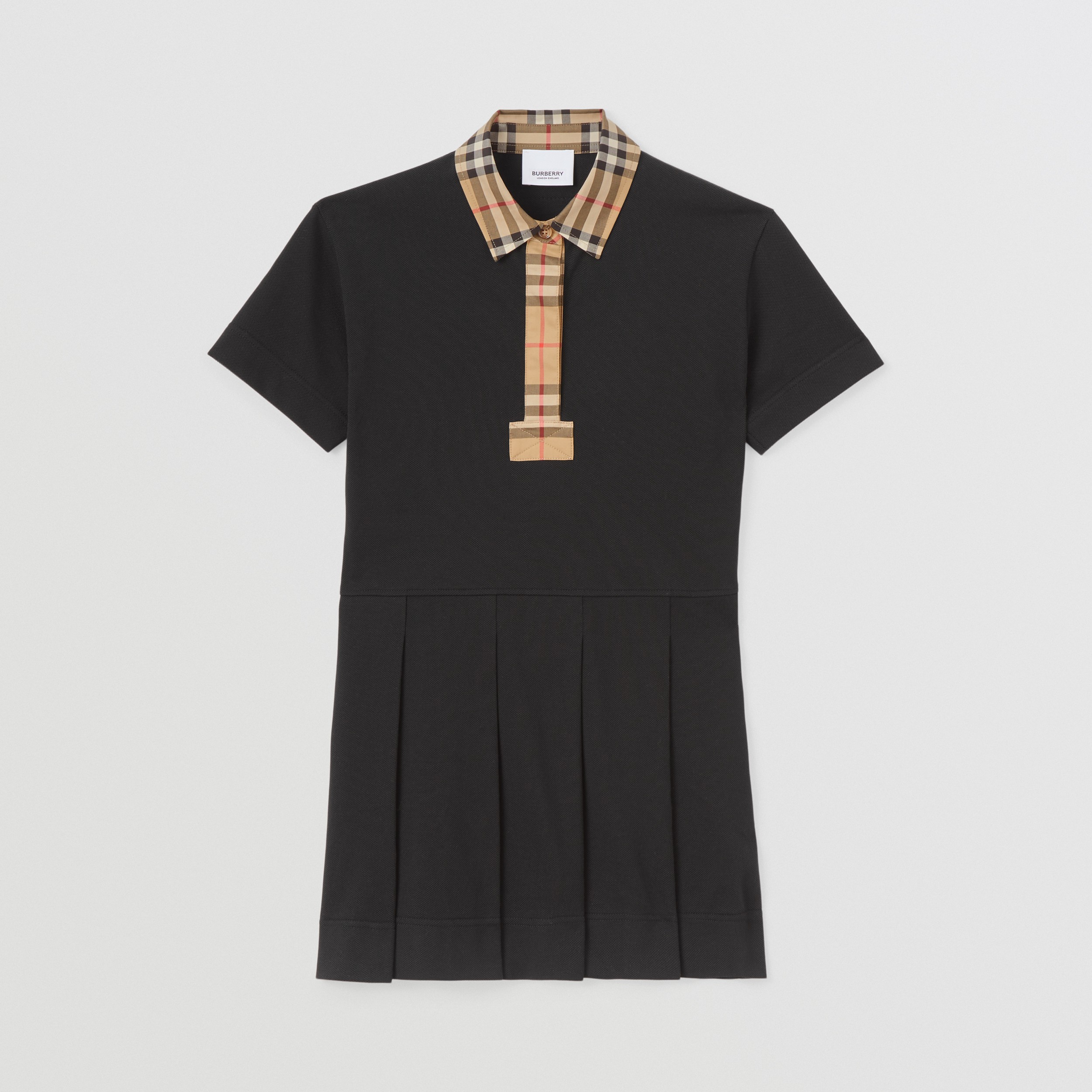 Vestido estilo camisa polo de algodão piquê com detalhe em Vintage Check (Preto) | Burberry® oficial - 1