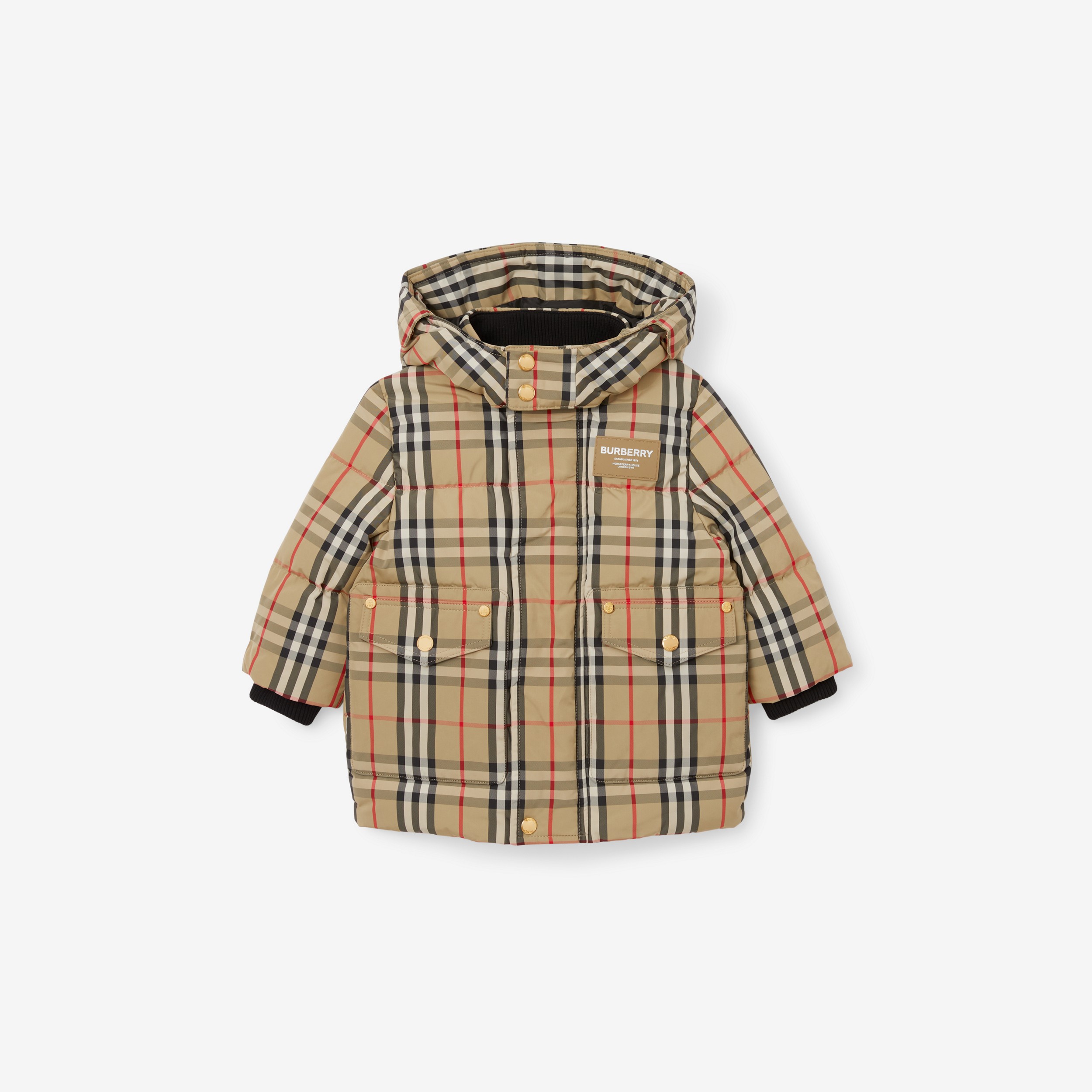 Horseferry Motif Vintage Check Puffer Coat in Archive Beige - Children | Burberry® Official - 1