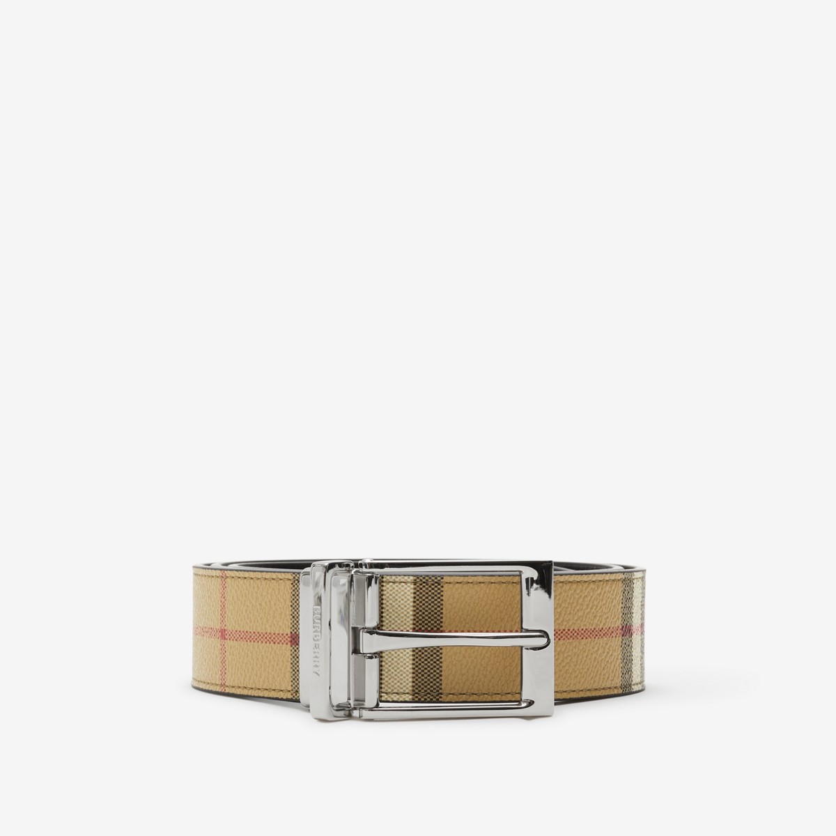 Shop Burberry Reversible Check Belt In Archive Beige/silver