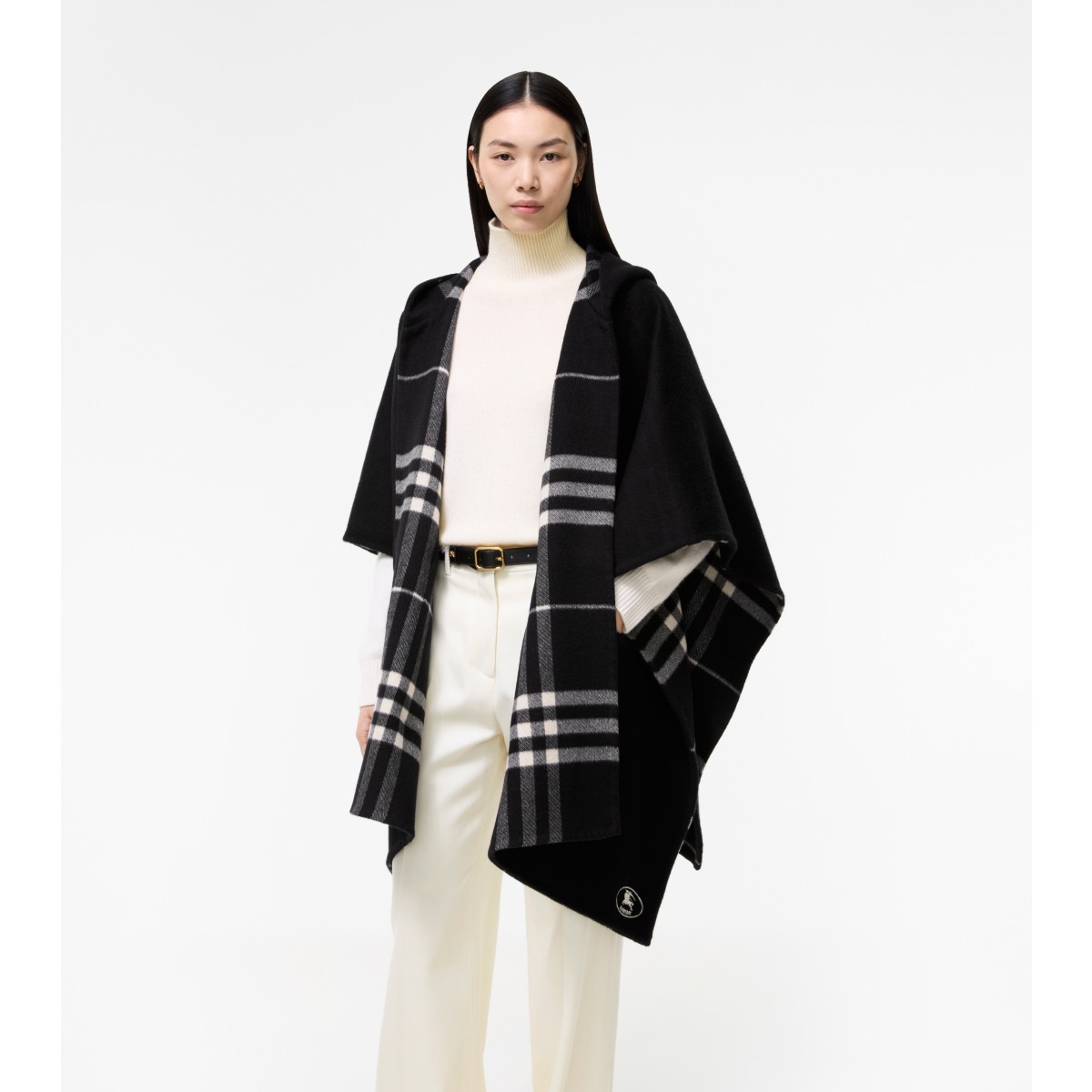  Check Cashmere Hooded Cape