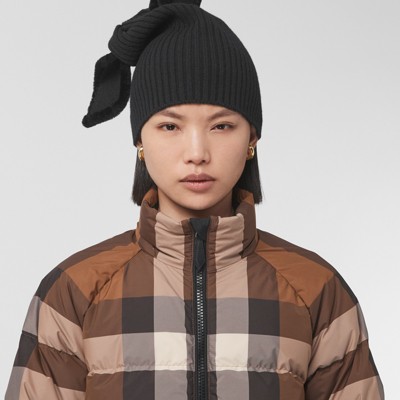 Detachable Hood Check Puffer Jacket in Dark Birch Brown - Women 