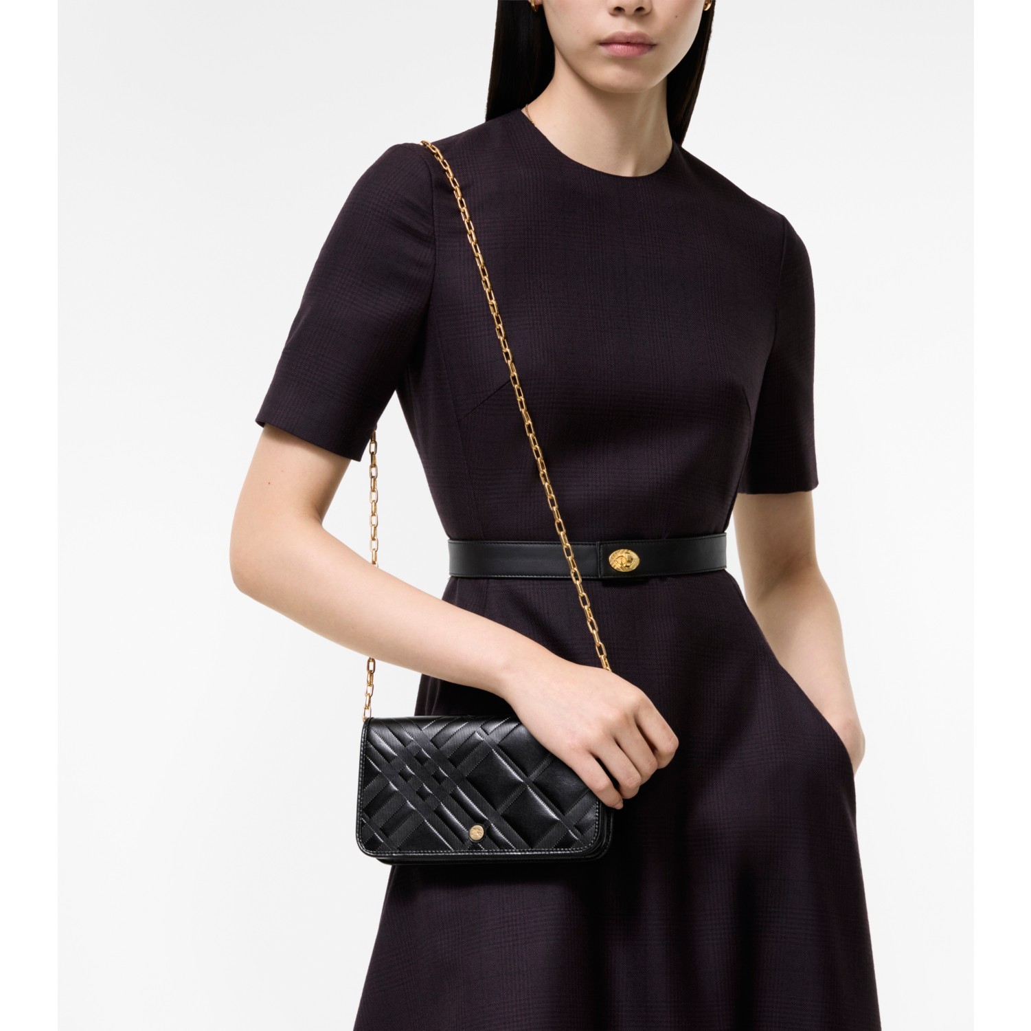 Embossed Check Chain Strap Wallet