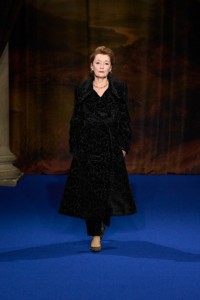 Lesley Manville wearing vine velvet trench coat, vine velvet tailored trousers and Burberry Check pumps