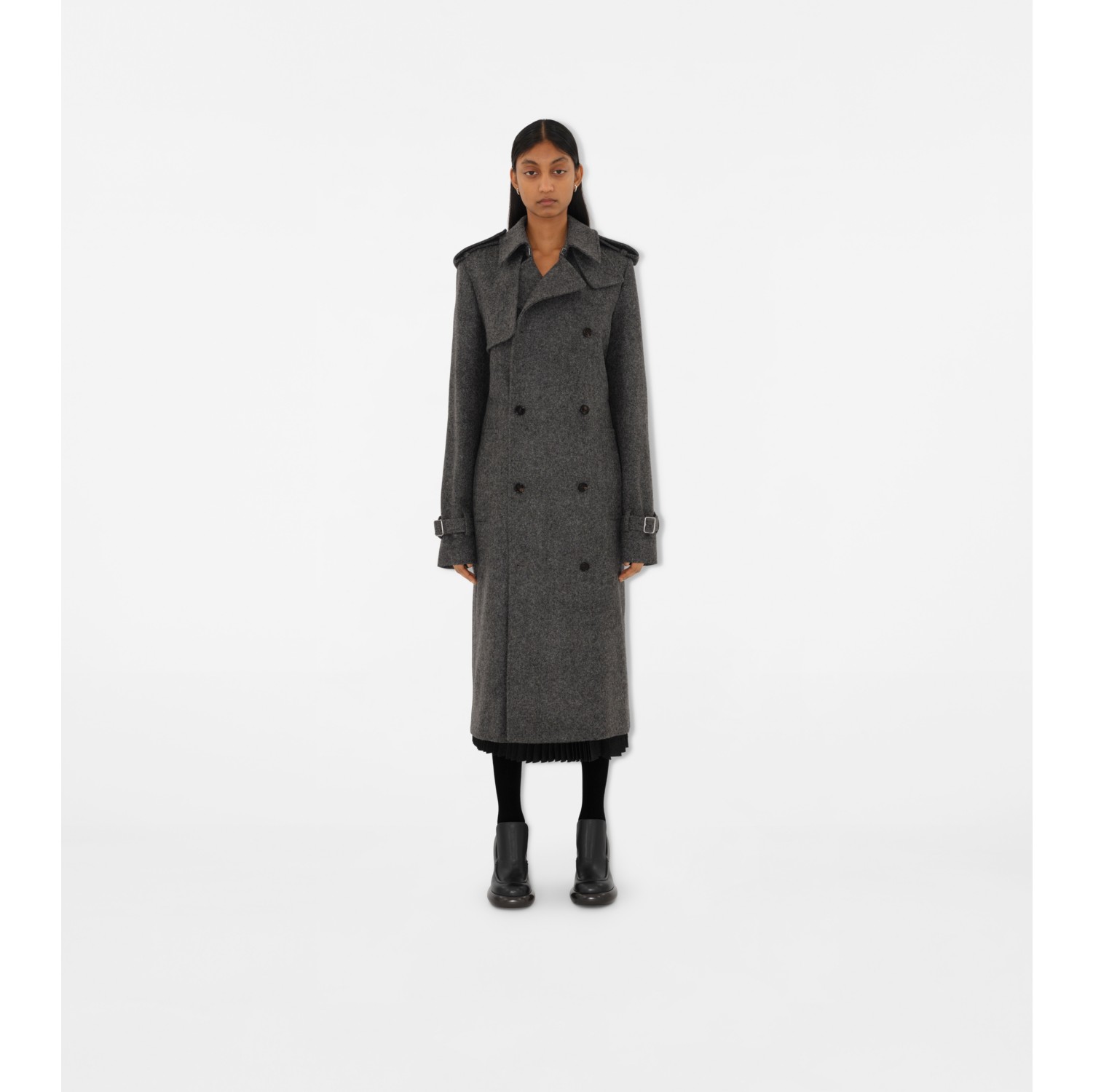 Long Wool Trench Coat in Grey melange Women Nylon Burberry Official