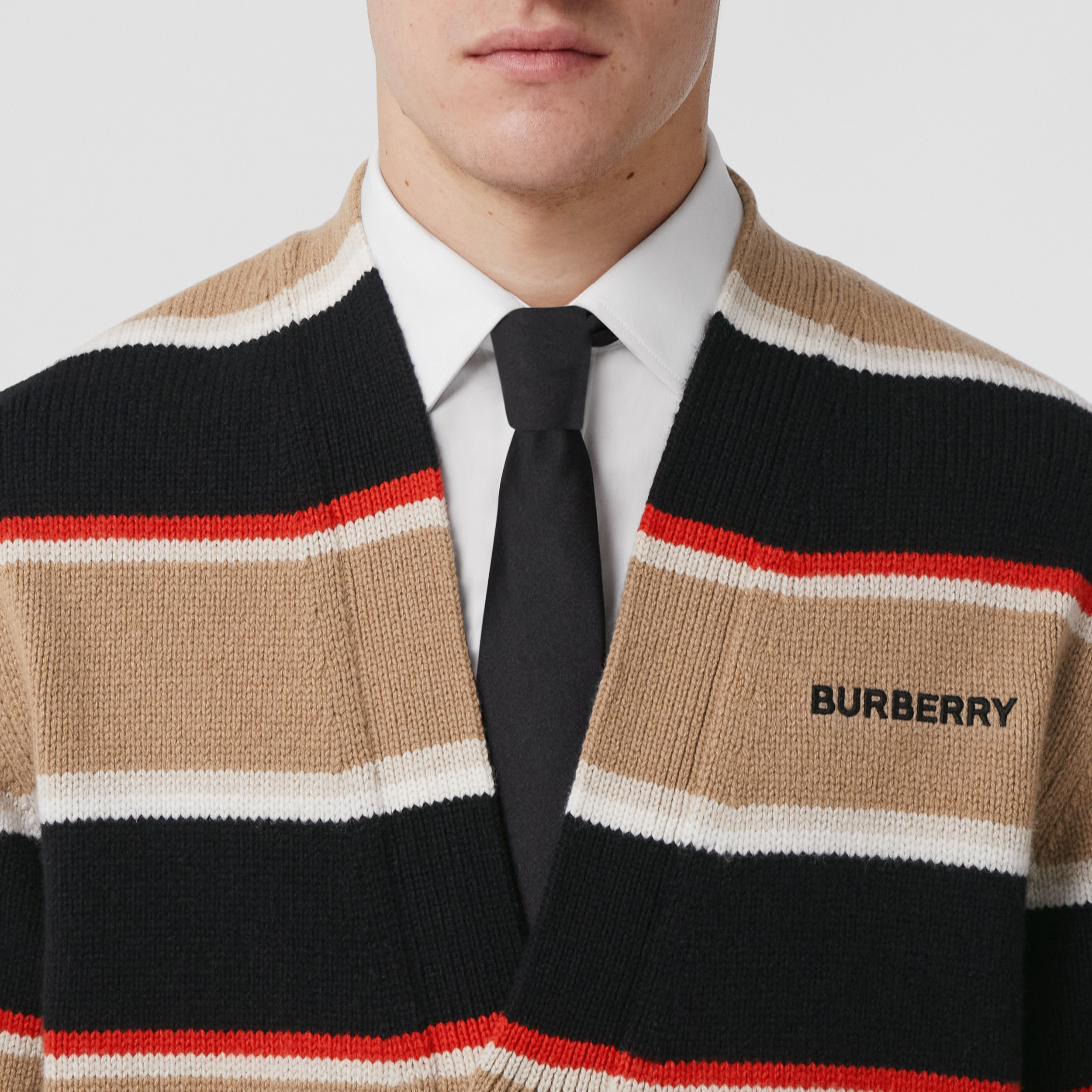Embroidered Logo Stripe Wool Cashmere Cardigan in Camel - Men | Burberry® Official - 2