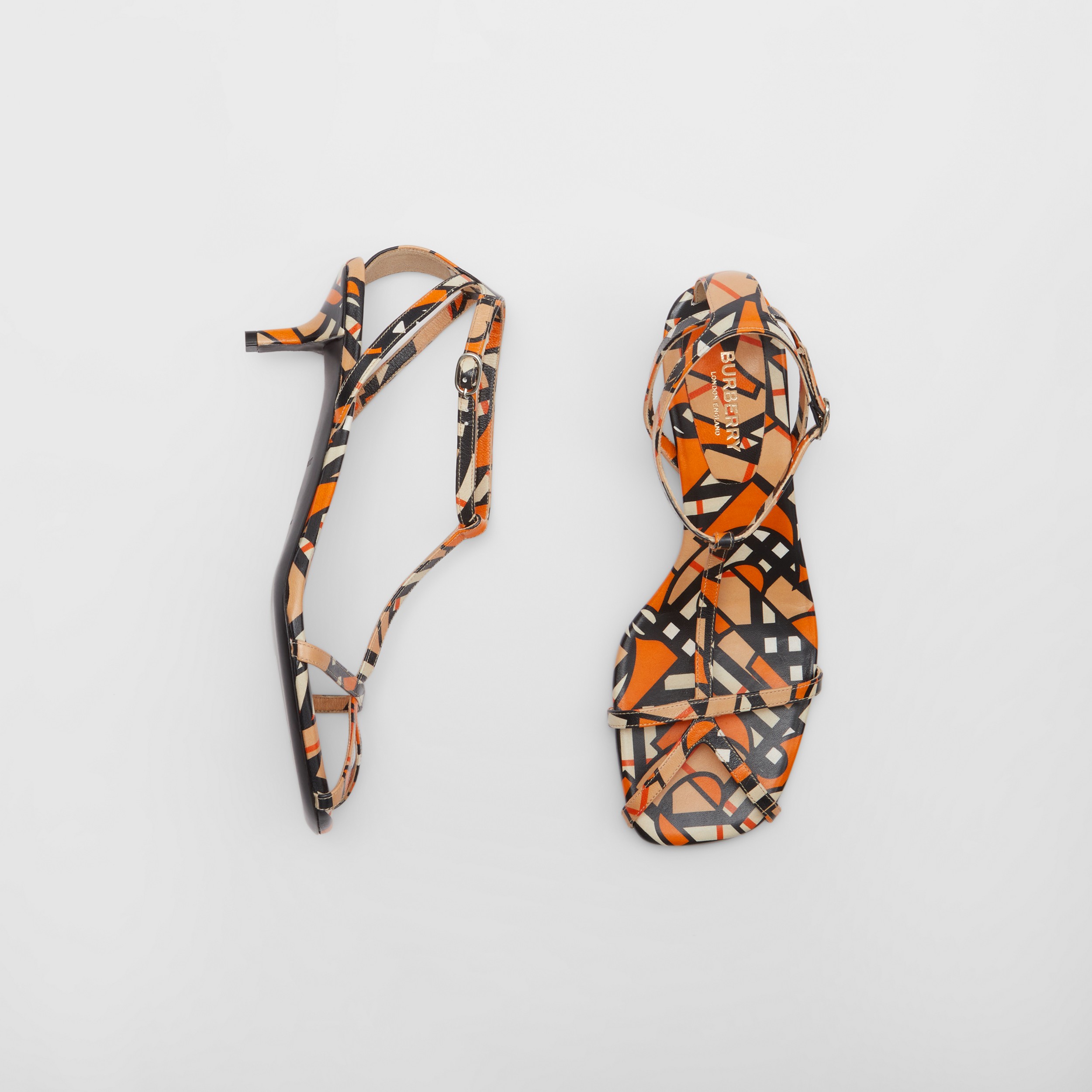 Monogram Print Lambskin Kitten-heel Sandals in Black/orange - Women | Burberry® Official - 1