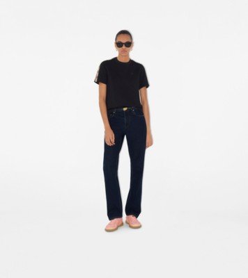 Check Trim Cotton T-shirt in Black - Women | Burberry® Official