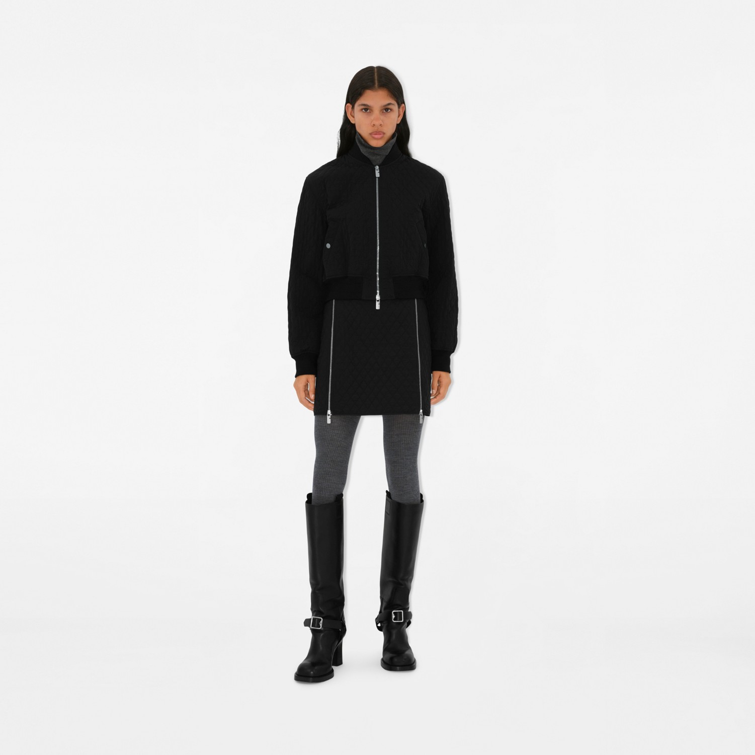 Cropped Quilted Nylon Bomber Jacket in Black - Women Cropped Quilted Nylon Bomber Jacket in Black - Women