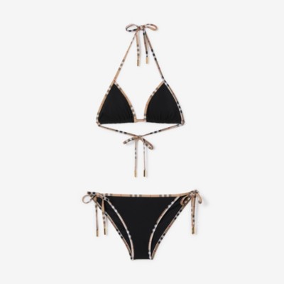 Burberry Check Detail Stretch Nylon Triangle Bikini In Black