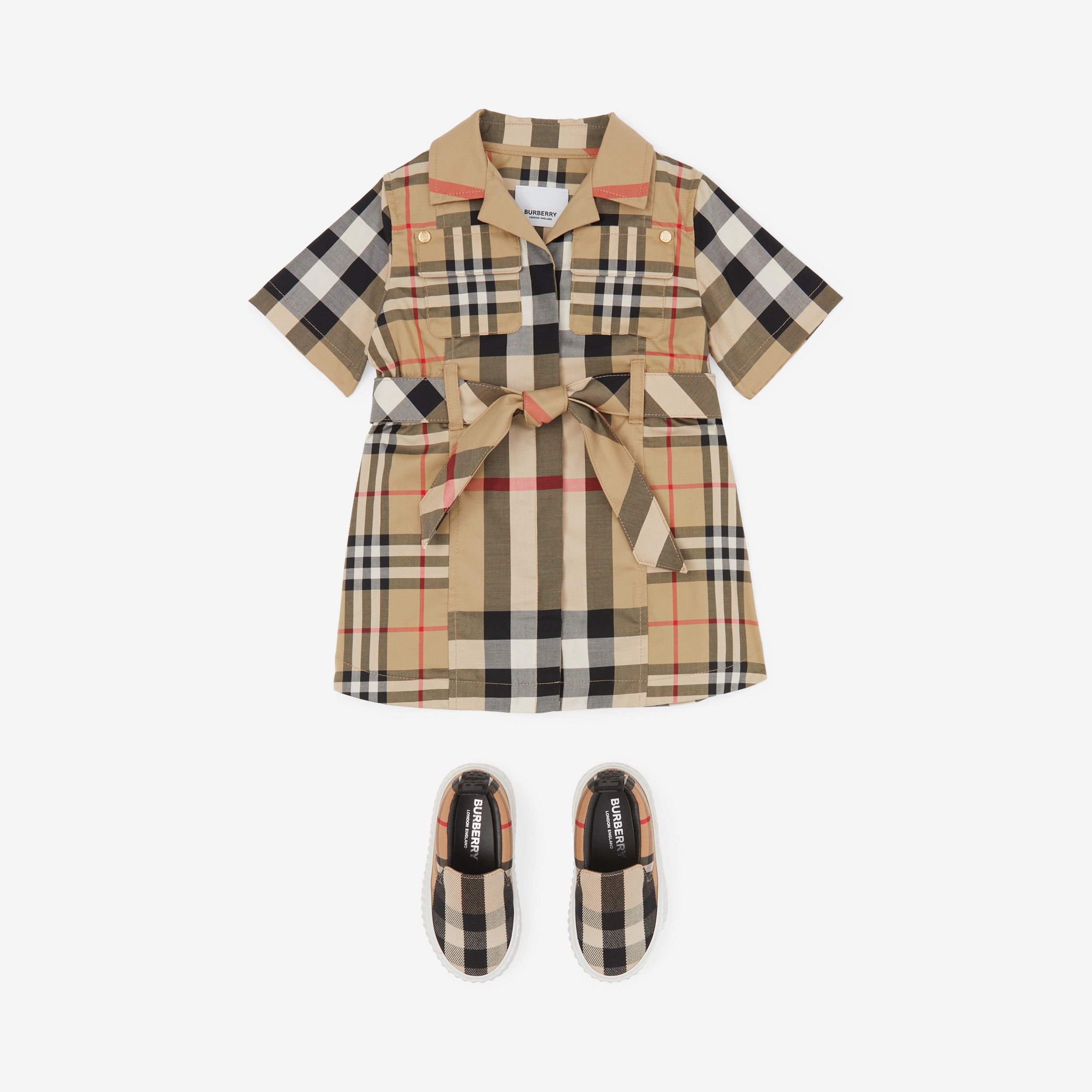 Vestido camisero patchwork en algodón elástico a cuadros con cinturón (Beige Vintage) - Niños | Burberry® oficial - 3