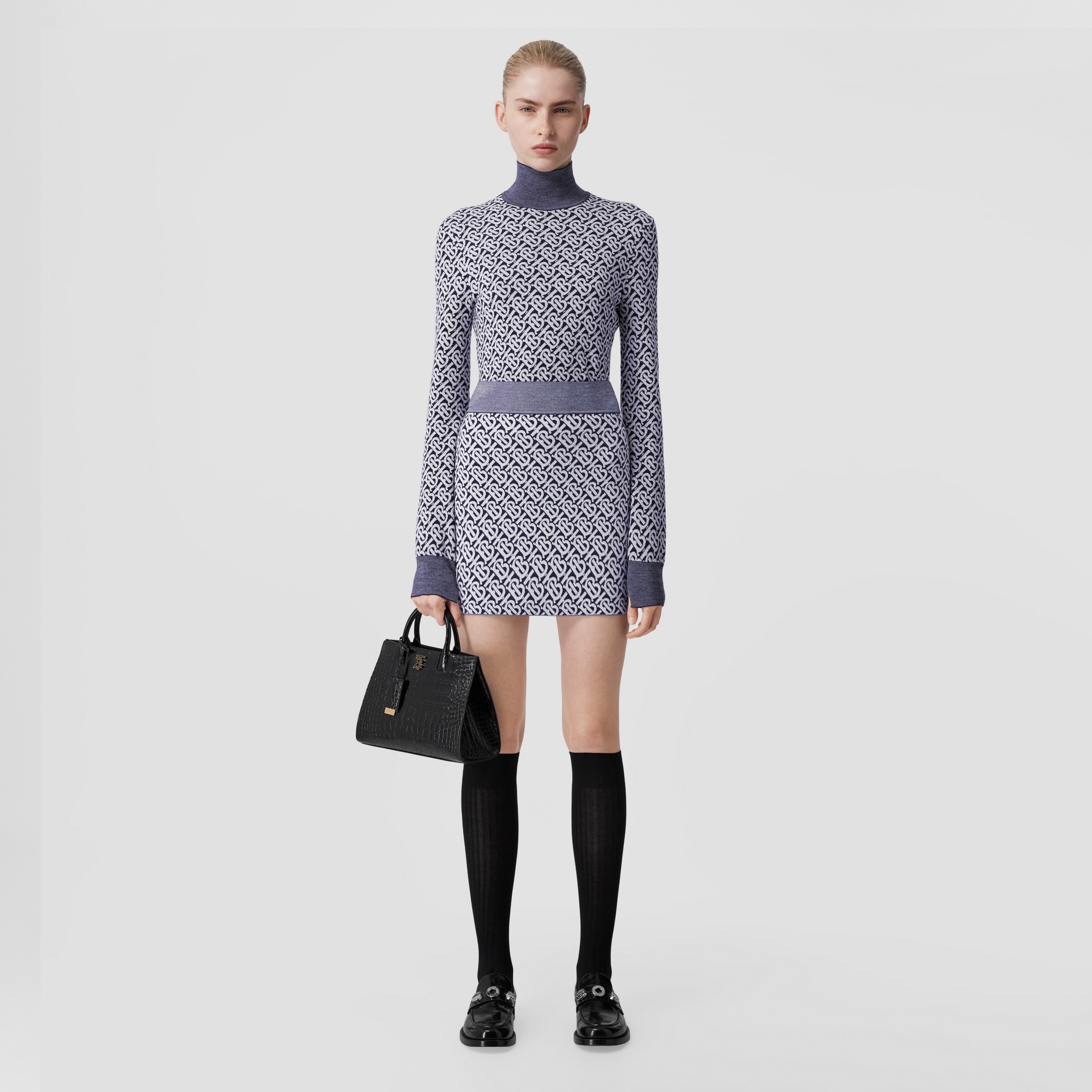 Monogram Wool Blend Jacquard Mini Skirt in Dark Charcoal Blue - Women | Burberry® Official - 1