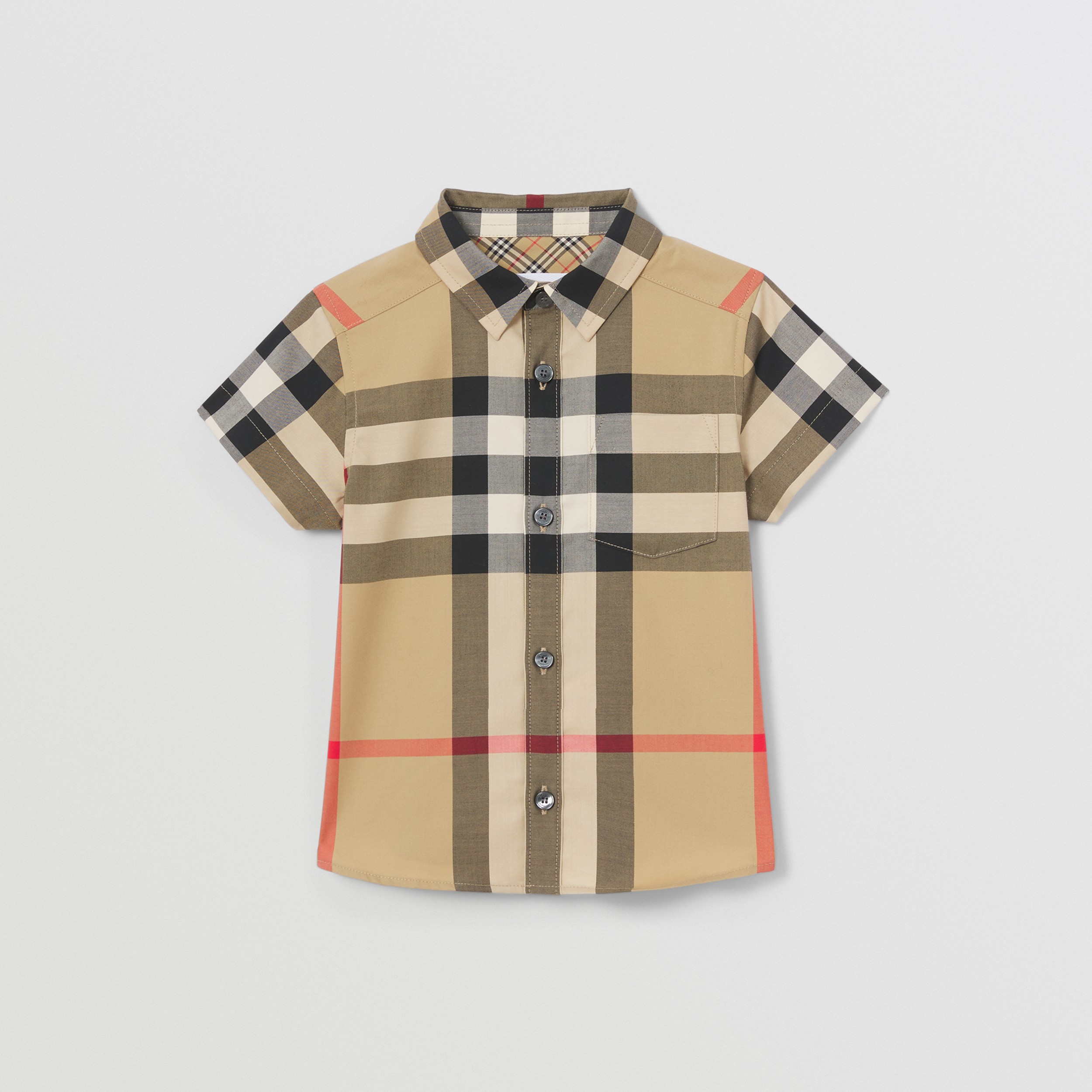 Short-sleeve Check Stretch Cotton Shirt in Archive Beige - Children | Burberry® Official - 1