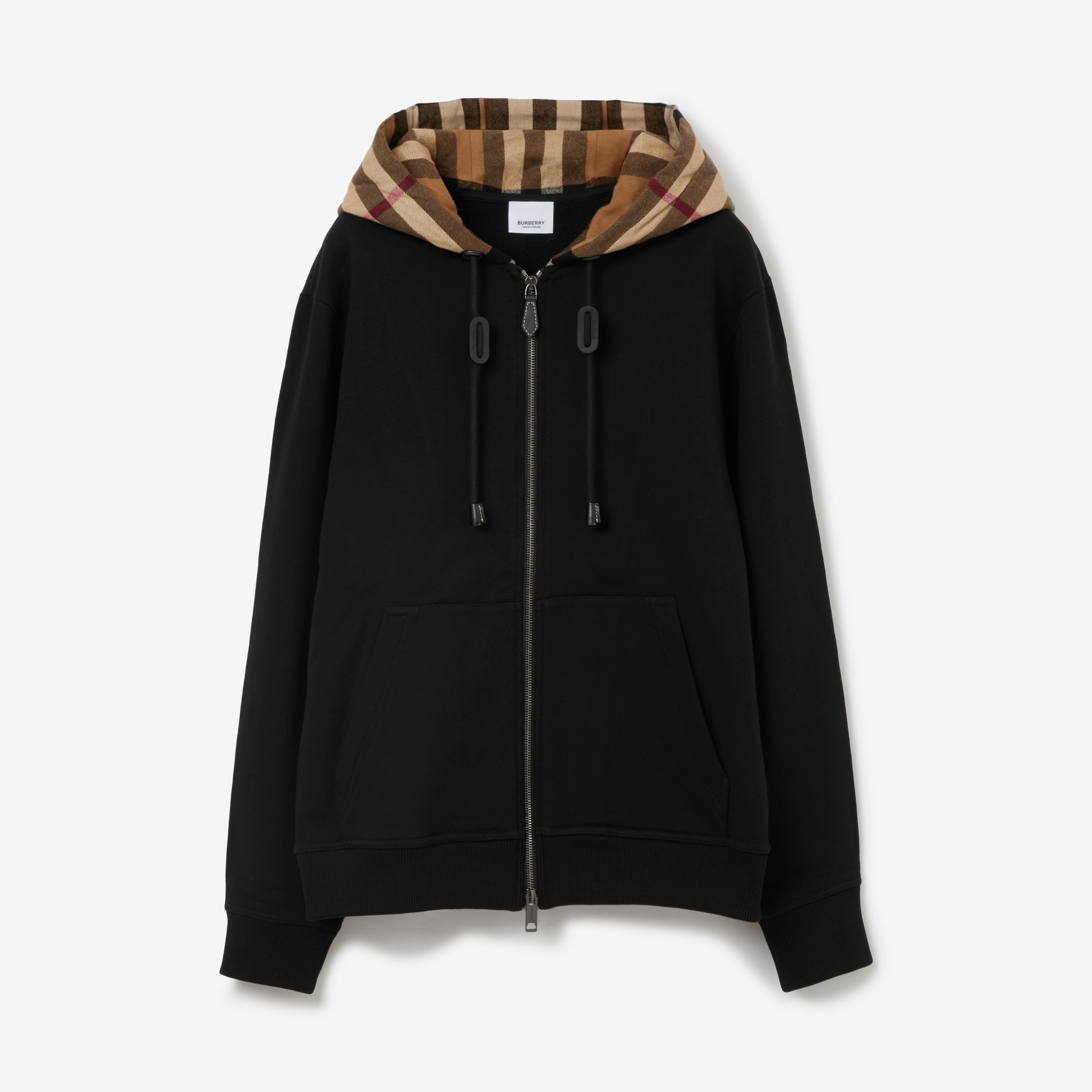 Check Hood Cotton Zip Hoodie in Black | Burberry® Official - 1
