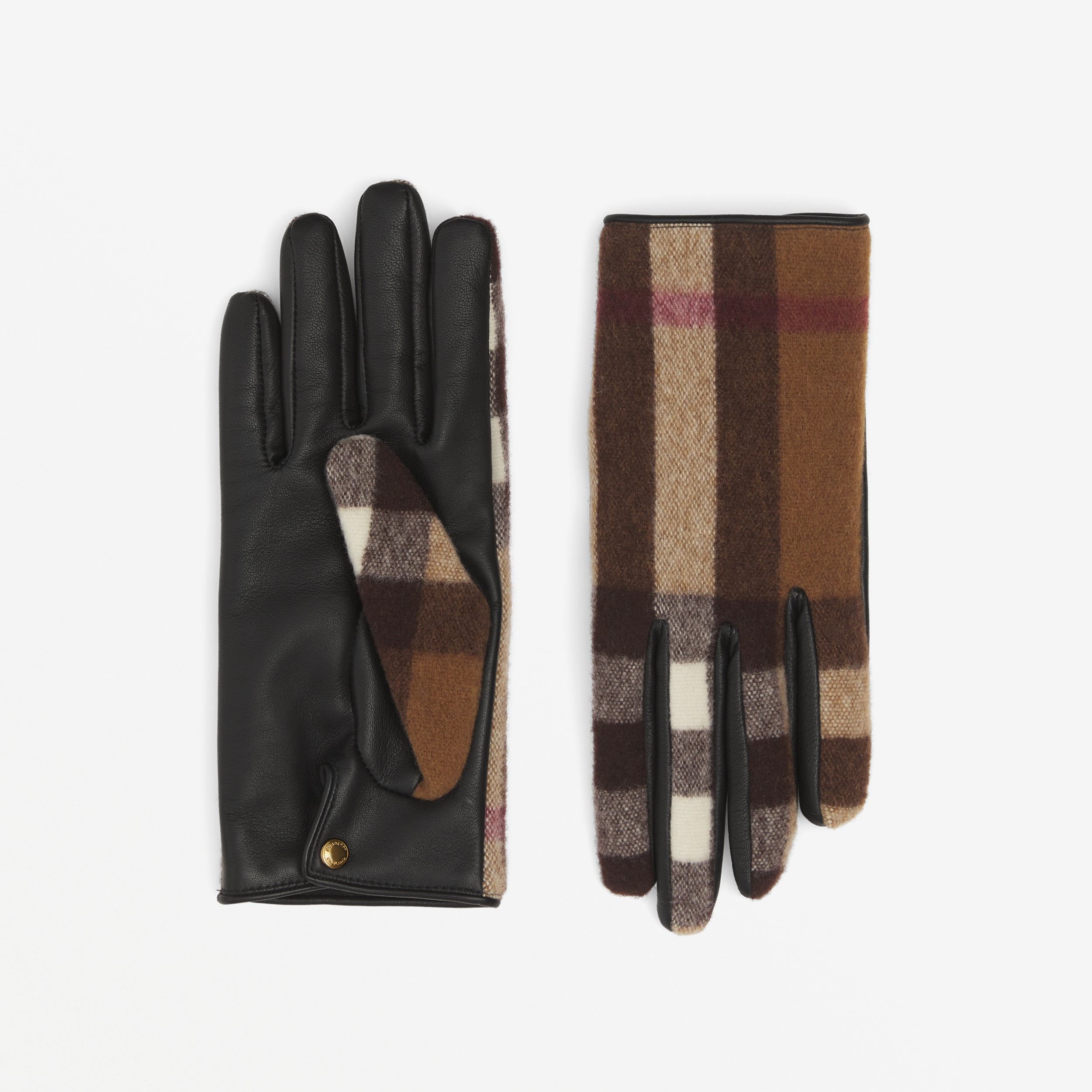 Exaggerated Check Wool and Leather Gloves in Birch Brown | Burberry® Official - 1