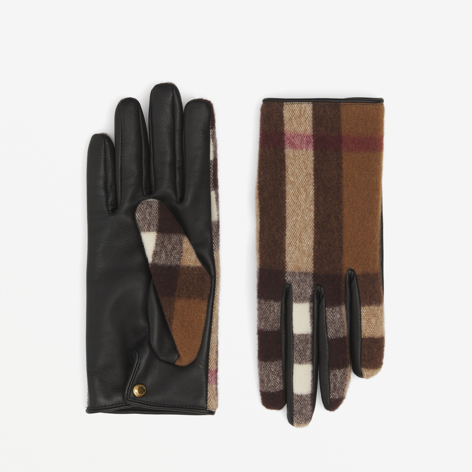 Exaggerated Check Wool and Leather Gloves in Birch Brown | Burberry® Official