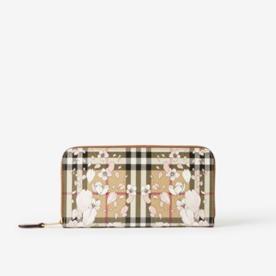 Burberry Floral Check Print Leather Zip Around Wallet