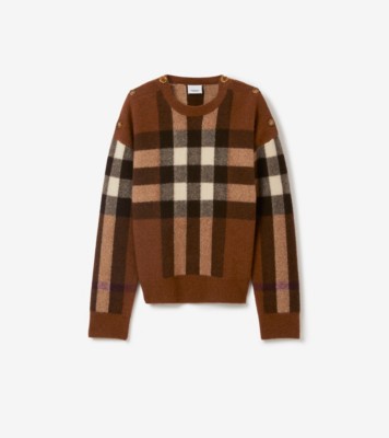 Exaggerated Check Wool Cashmere Sweater in Dark Birch Brown