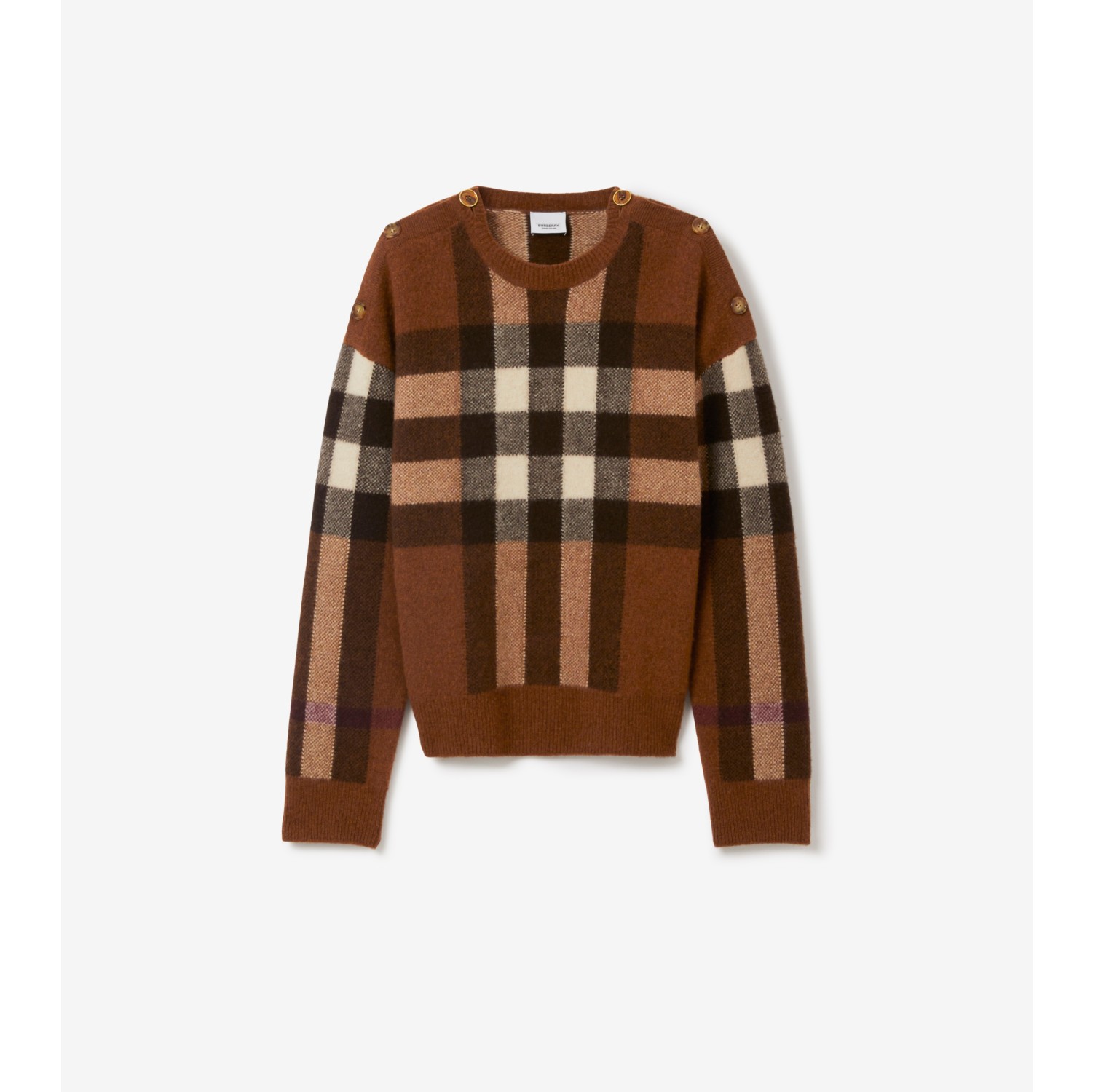 Exaggerated Check Wool Cashmere Sweater in Dark birch brown