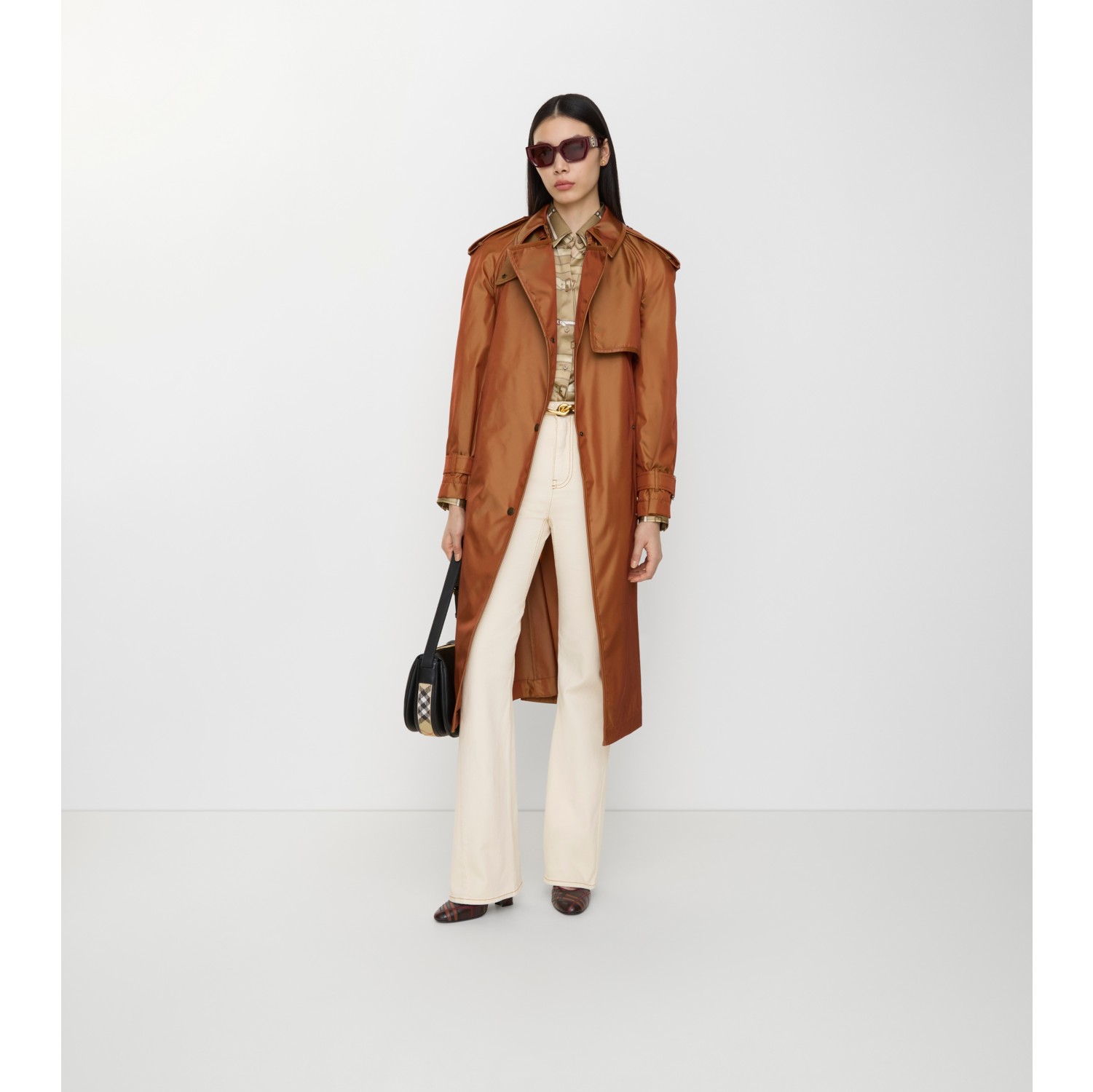 ロング ナイロンブレンド フーデッド トレンチコート (ブライト