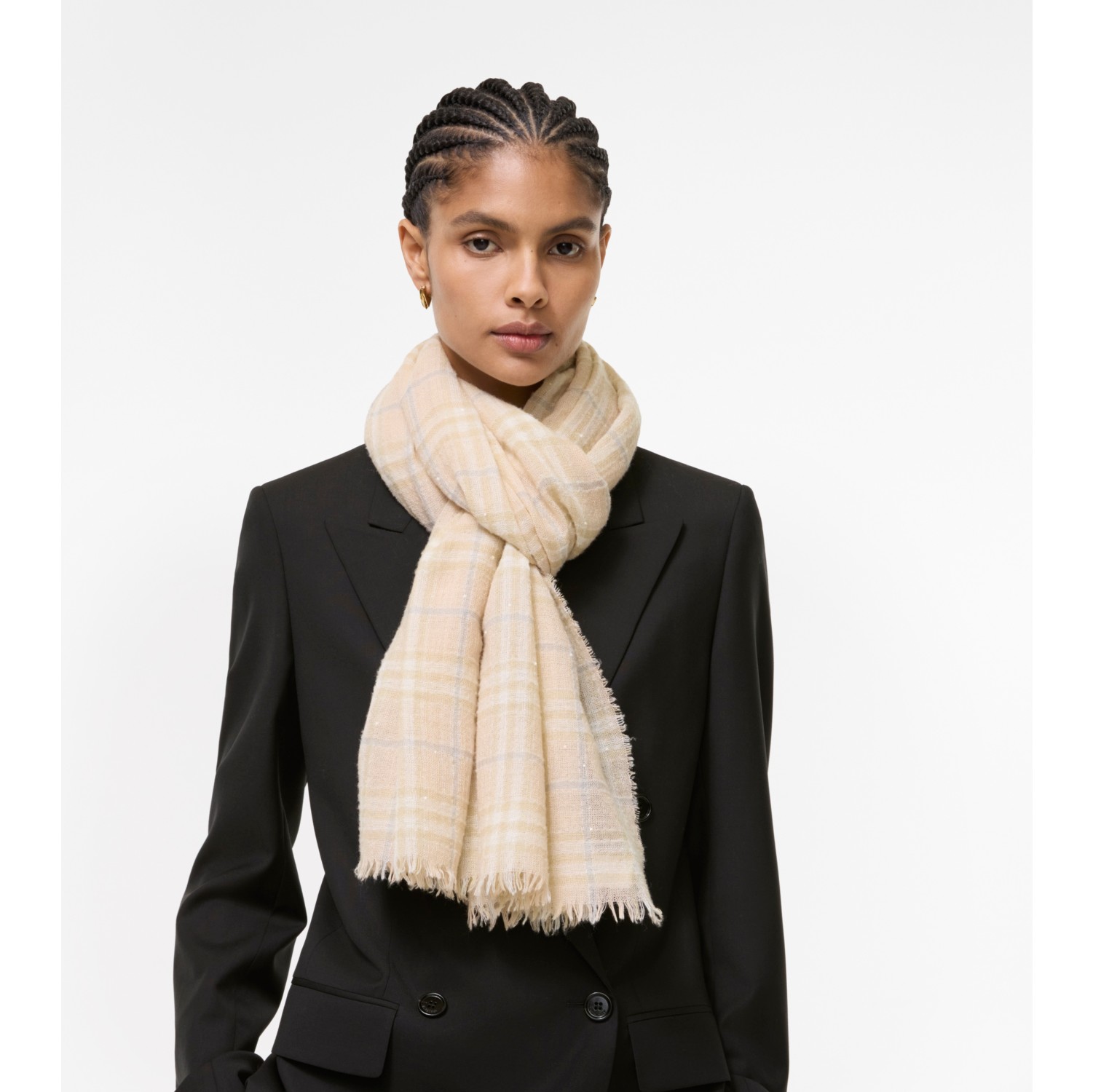 Wide Embellished Check Wool Silk Blend Scarf