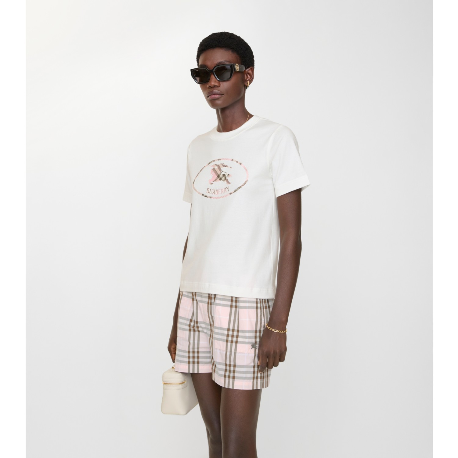 Check Knight Stamp Cotton T-shirt in Chalk white/mallow pink - Women | Burberry® Official