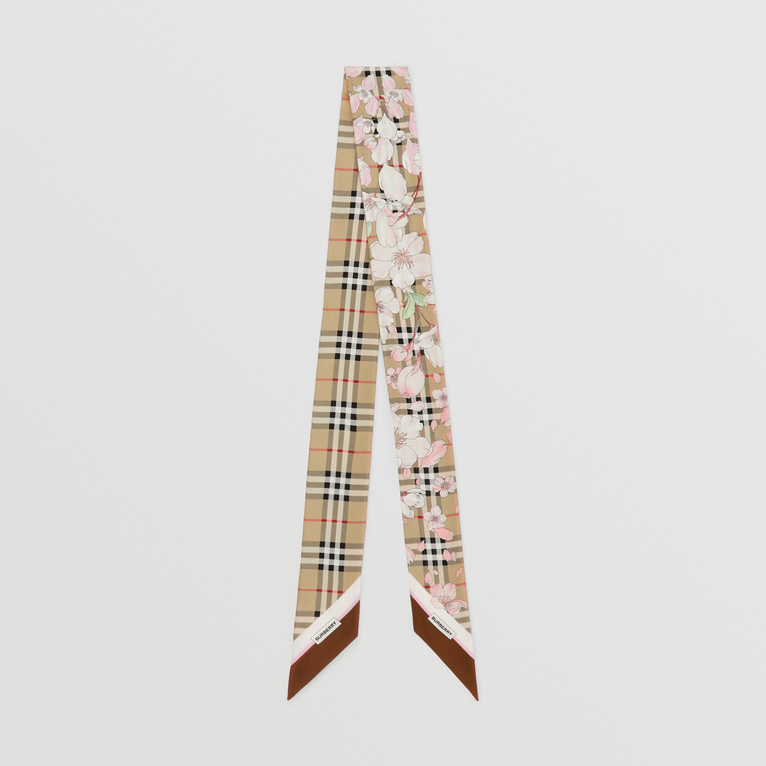 Floral Check Print Silk Skinny Scarf in Archive Beige | Burberry® Official - 1