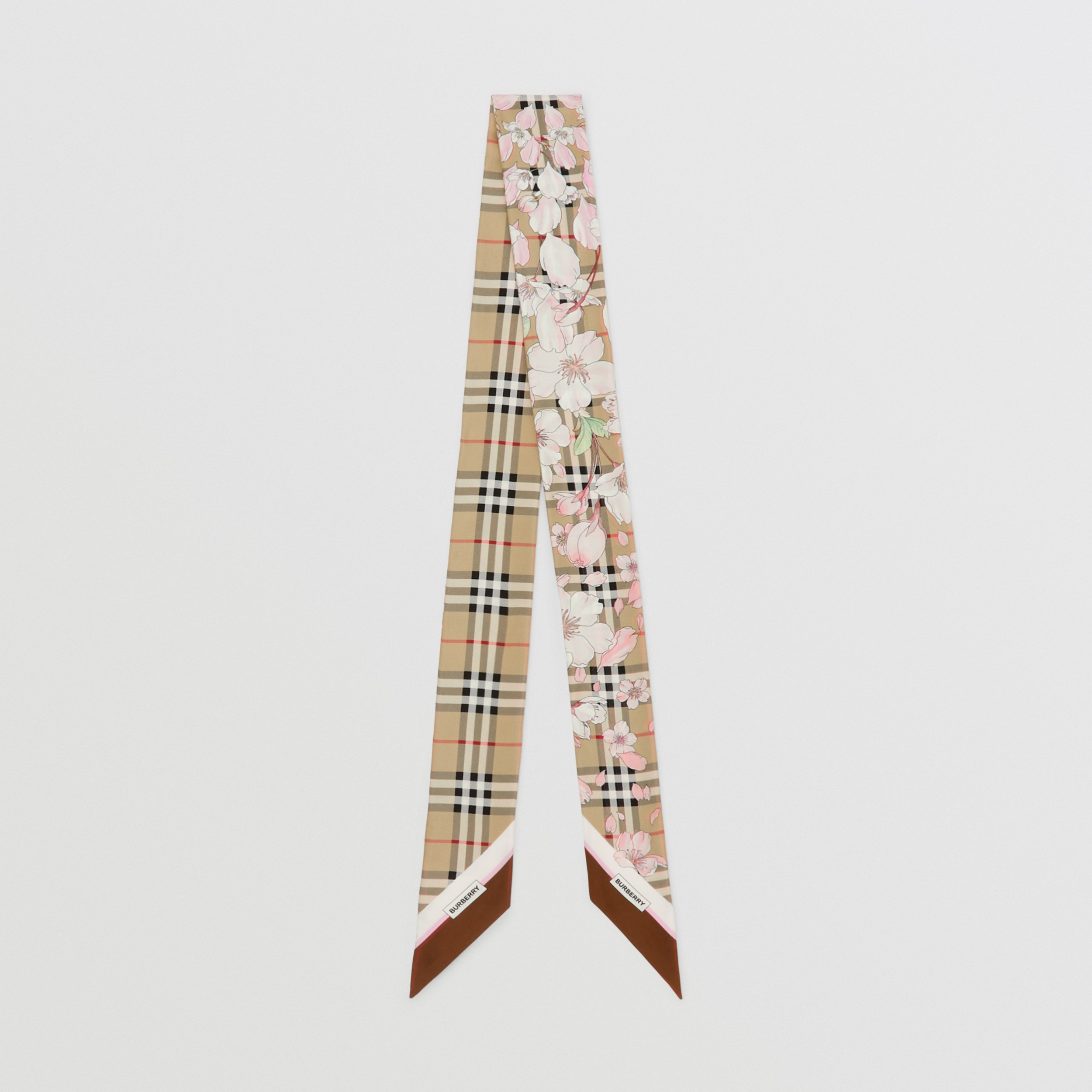 Floral Check Print Silk Skinny Scarf in Archive Beige Burberry® Official
