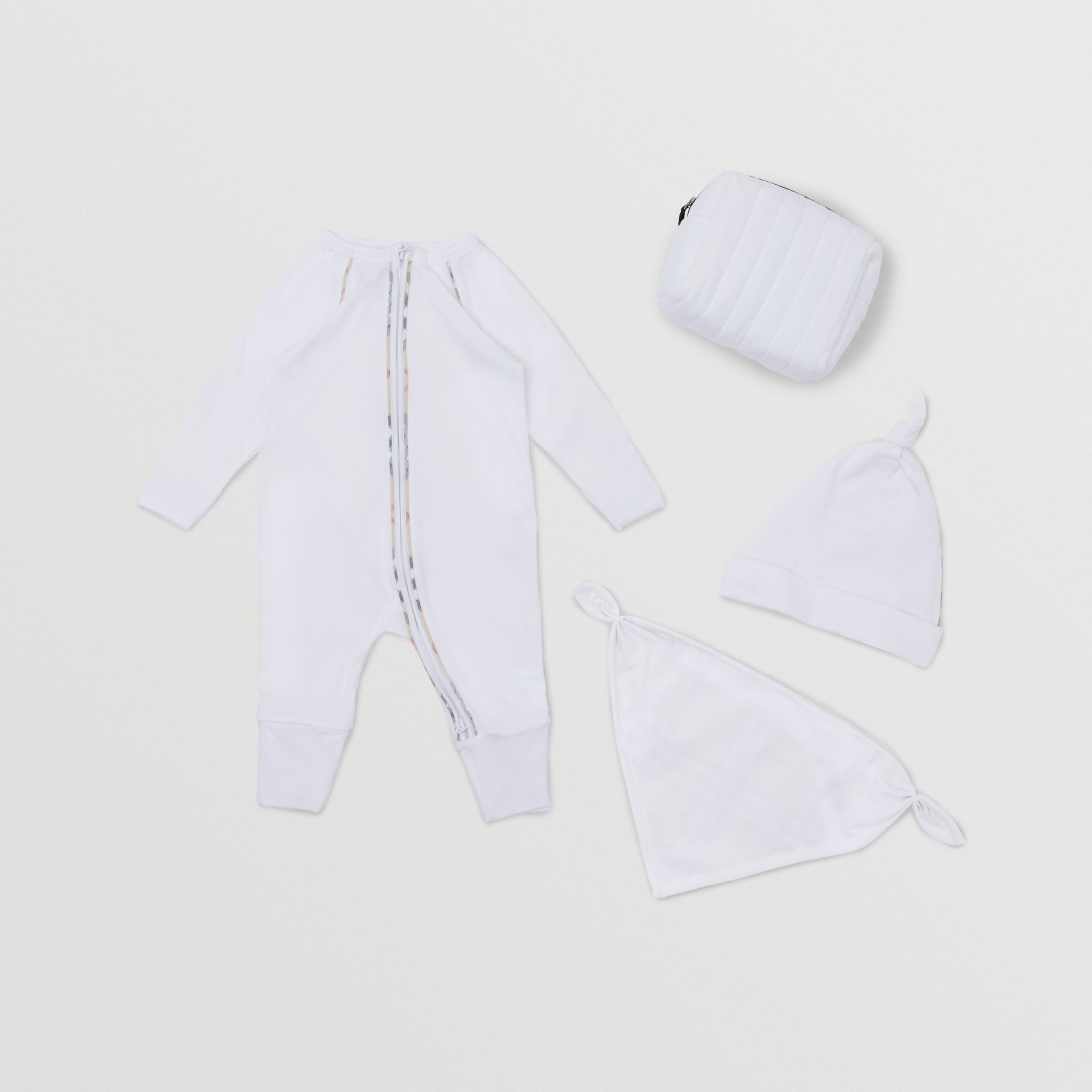 Check Trim Stretch Cotton Threepiece Baby Gift Set in White Children