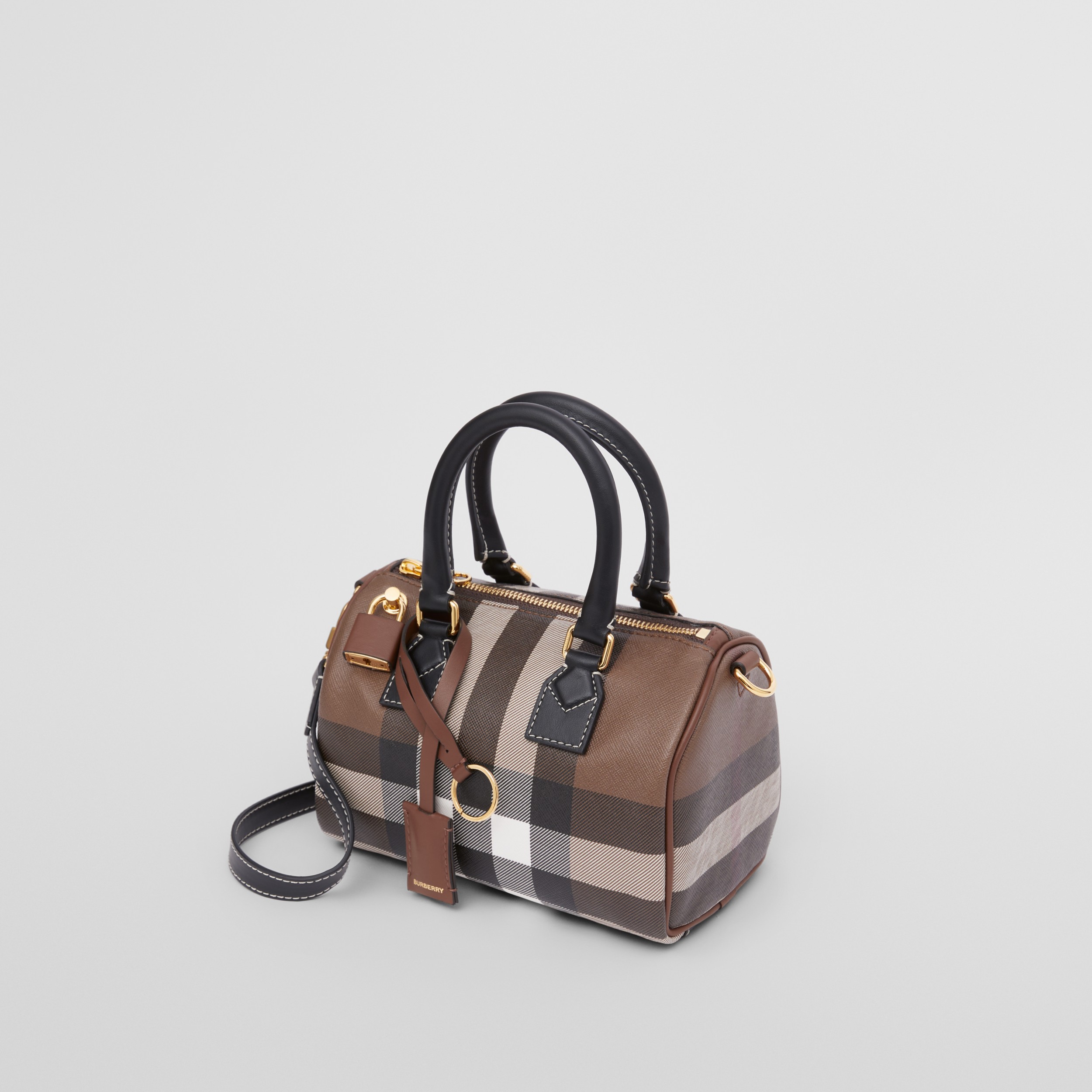 Check and Leather Mini Bowling Bag in Dark Birch Brown Women